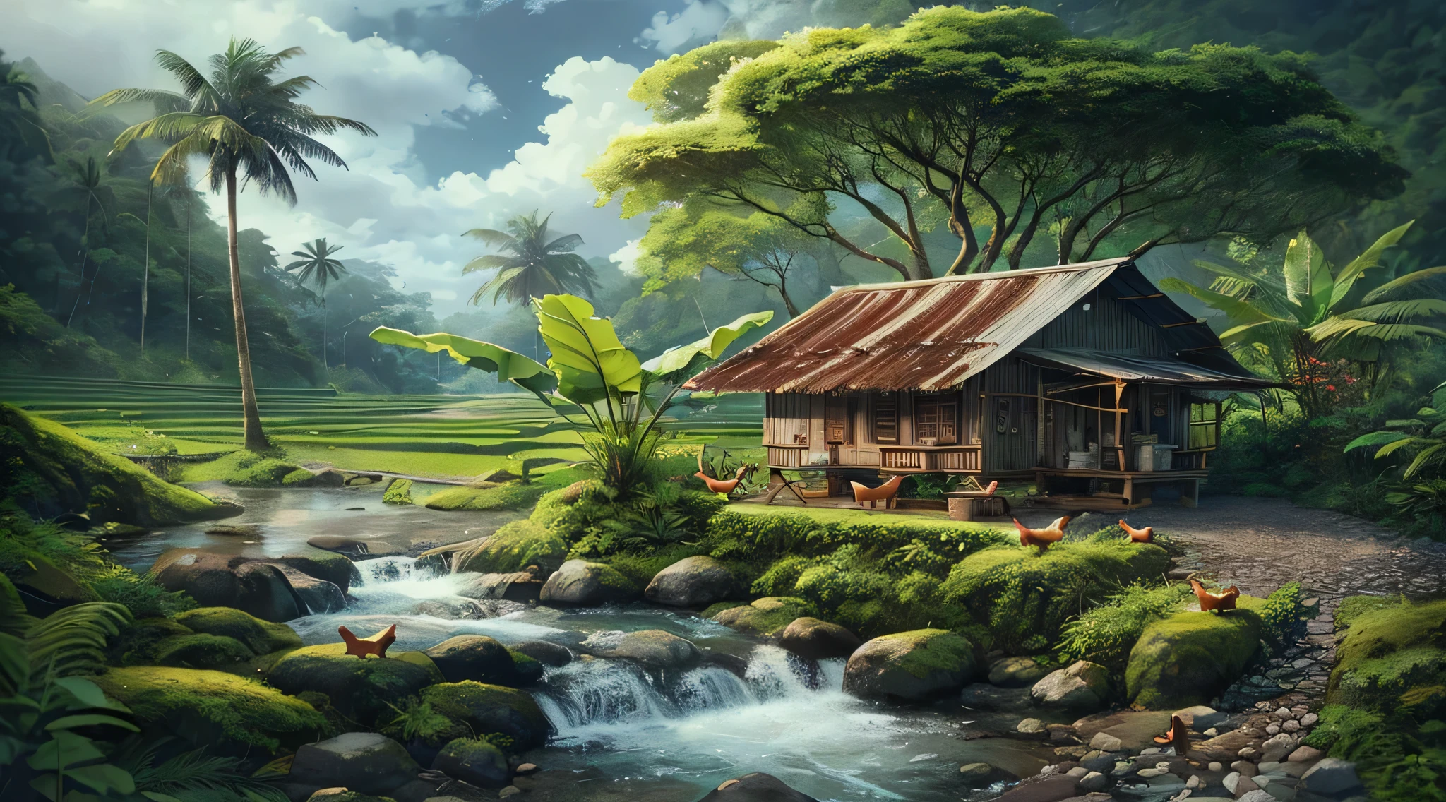The waterfall flows from between two short cliffs and falls into a clear poolwith clear water and a few natural rocks, there is a  small hut, surrounded by tropical forest plants  such as shady Wood trees, banana trees, a deer is drinking.with a distant backdrop of volcanoes and vast rice fields thick with rice plants, blue sky, bright white clouds, realistic photography.