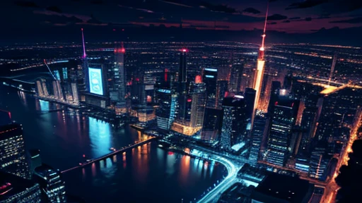 masterpiece, best quality, night, cityscape, neon lights
