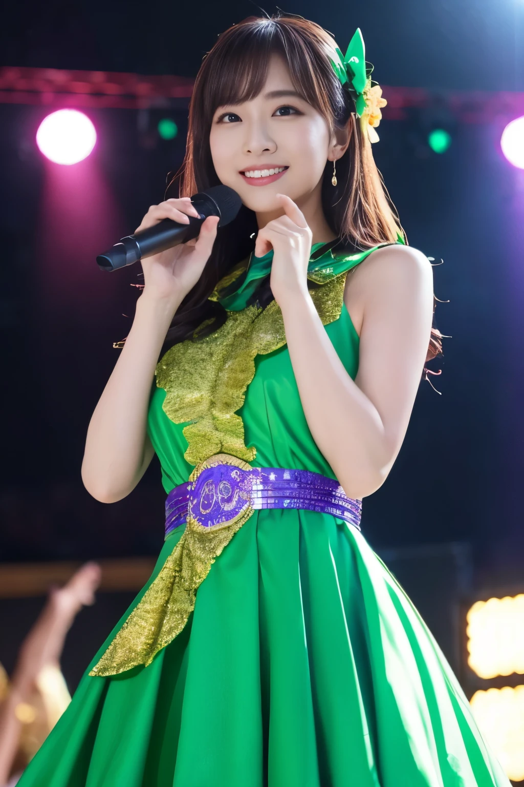 1 girl, (Wearing a bright green idol costume:1.2), Photo collection of very beautiful Japanese idols,
(Raw photo, highest quality), (realistic, Photoreal:1.4), (masterpiece), 
very delicate and beautiful, very detailed, 2k wallpaper, wonderful, 
finely, very detailed CG Unity 8K 壁紙, Super detailed, High resolution, soft light, 
beautiful detailed girl, very detailed目と顔, beautifully detailed nose, finelyて美しい目, cinematic lighting, 
(idol concert:1.4), (The background is a stage:1.3),
complete anatomy, slender body, small, smile