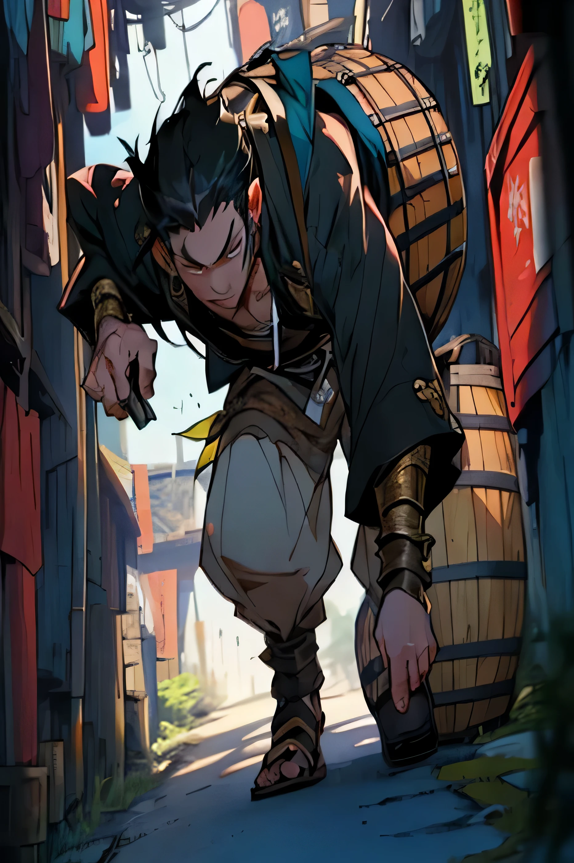 a cartoon image of a man in a black jacket and brown pants, zhongli do impacto genshin, keqing do impacto genshin, cara bonito na arte do ladino, Ross Tran e Bayard Wu, pessoal, estilo de duelista, estilo ross tran, por Yang J, Tanjiro Kamado, personagem de impacto genshin, por Ryan Yee, holding daggers in each hand, 