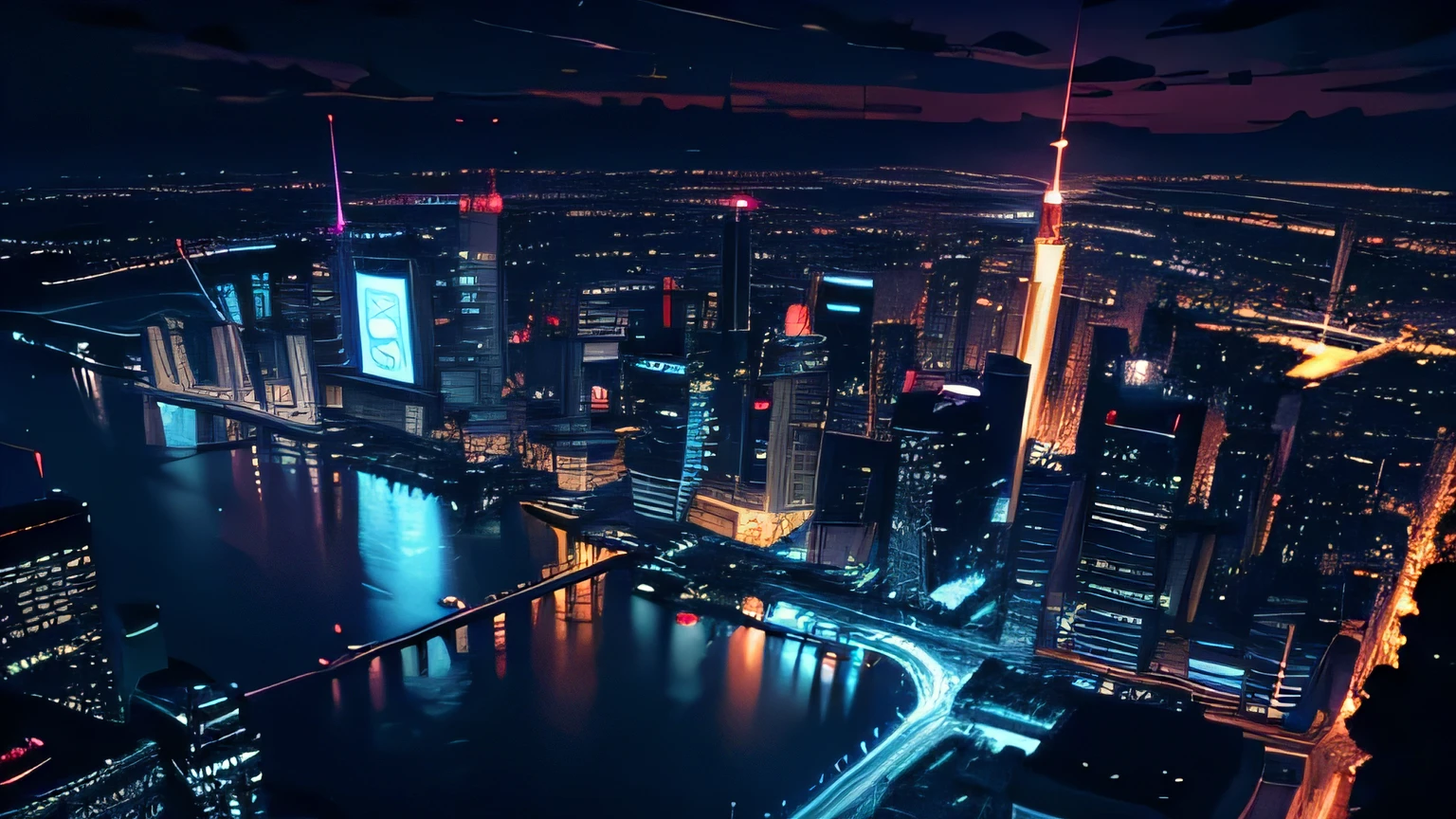 masterpiece, best quality, night, cityscape, neon lights