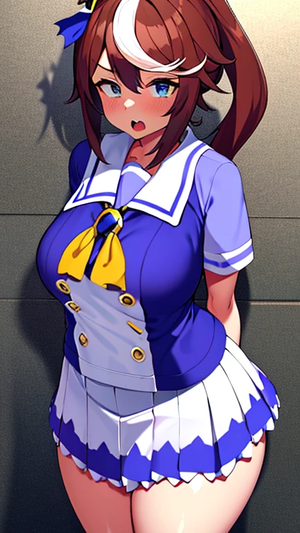 (huge huge tits), High resolution, 1 girl, marl, alone, Tokai Teio (Umamusume), Trasen , white thighs, white skirt, ponytail, sailor shirt, short sleeve, very long hair, brown haired, horseshoe decoration, sailor collar, purple shirt, hair intake, mini skirt, land, teeth, blue eyes, bangs, embarrassing, low length