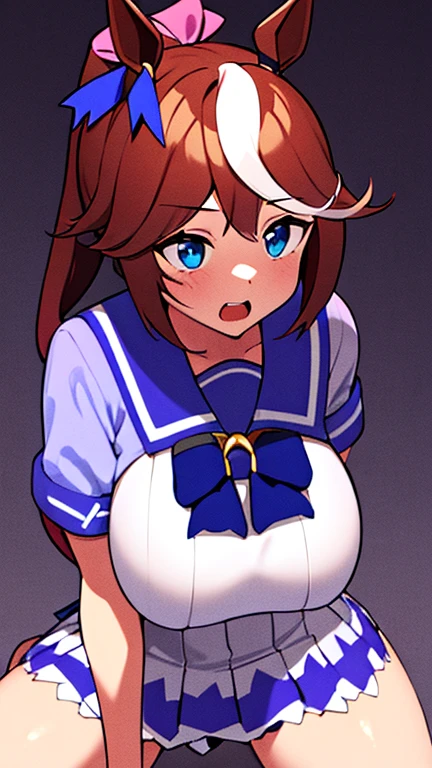 (huge huge tits), High resolution, 1 girl, marl, alone, Tokai Teio (Umamusume), Trasen , white thighs, white skirt, ponytail, sailor shirt, short sleeve, very long hair, brown haired, horseshoe decoration, sailor collar, purple shirt, hair intake, mini skirt, land, teeth, blue eyes, bangs, embarrassing, low length