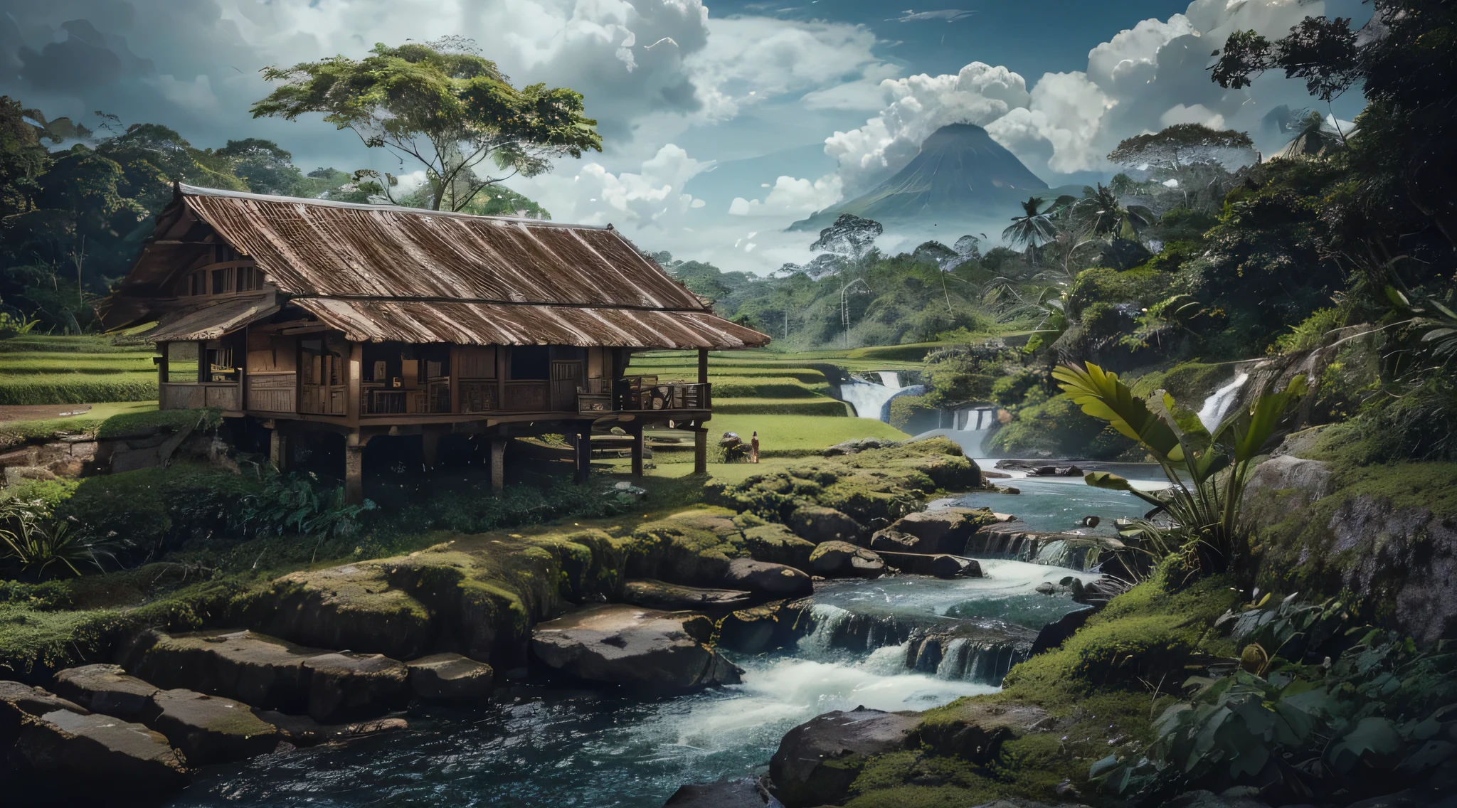 The waterfall flows from between two short cliffs and falls into a clear poolwith clear water and a few natural rocks, there is a small hut, surrounded by tropical forest plants such as shady Wood trees, banana trees, a deer is drinking.with a distant backdrop of volcanoes and vast rice fields thick with rice plants, blue sky, bright white clouds, realistic photography.
