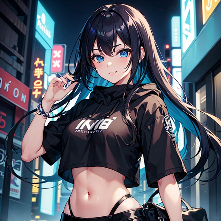 masterpiece, best quality, night, city, neon lights, looking at viewer, upper body, 1girl, black and blue hair, long hair, black and blue eyes, black and blue hoodie, crop top, short sleeves, large breasts, smile, half-closed eyes