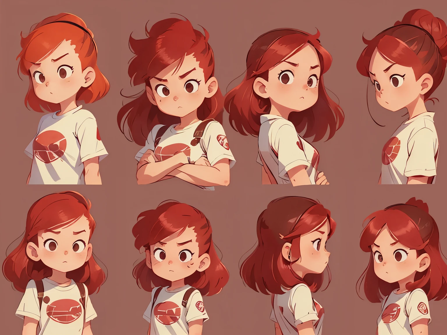 character sheet (front, back, right and left sides) of a white girl, with red hair, brown eyes, style akira toriyama