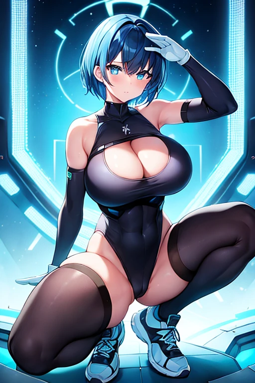 1girl, large breasts, thick thighs, blue hair, very short hair, shoes, sneakers, bodysuit, black bodysuit, cleavage, neon trim, neon lights, machinery, futurustic, science-fiction, tech, serious, spread legs, squatting, toned, ((toned)), salute, black thighhighs, thighhighs, mature female, milf, abs, ((one arm down)), one arm down