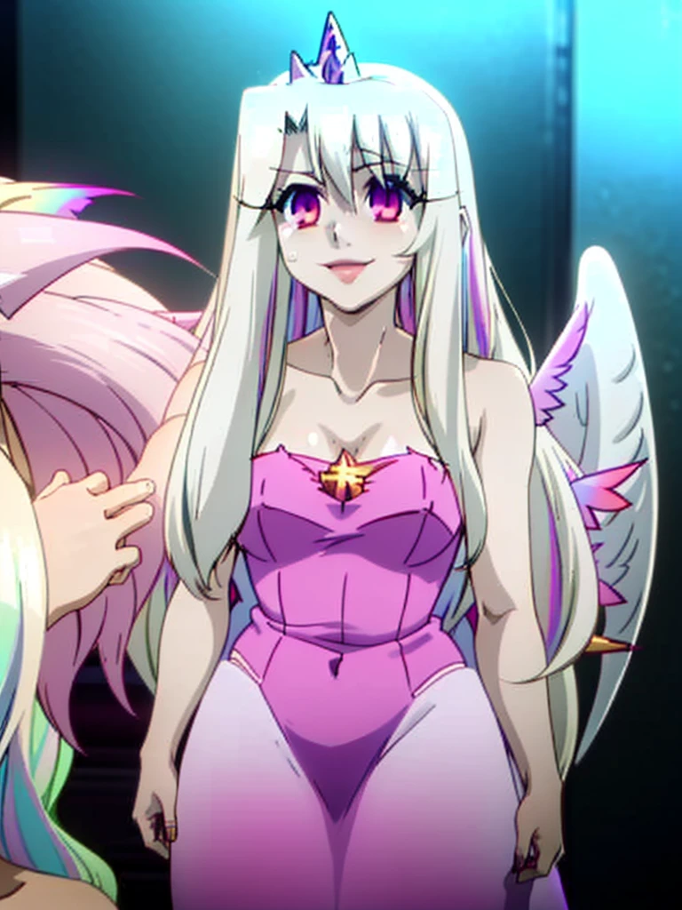 gran calidad ++ Extremely detailed high resolusionolution, very aesthetic, ojos expresivos, (((Cara perfecta))), (((face symmetrical))), ((good anatomy)), (((manos perfectas))), (((8k))), UHD, Fondo de pantalla HD, (((alta calidra detallada, (((((1girl)))))), solamente, Obra maestra, La mejor calidad, high resolusion, Altamente detallado, (illustration), hermosos ojos detallados, (((combatant))), (((1girl))), ((((cuerpo completo)))), (((((((illyasviel von einzbern)))))), (((((princess_celestia)))), ((((forma humana)))), (((((smile))))), ((princesa celestia humanizada)), Celestia, Celestia de My Little Poni, celestia en forma de milf, Cabello largo y ondulado, (((Ojos rojos))), (((strapless tube dress))), (((purple heart promise))), (((white dress))),, (((orejas blancas de pony))), (((Dedos detallados))), (((((white angel wings))))), (((angel wings spread)))), (((cuerno de unicornio))), Dedos precisos, Manos no antinaturales, strange eye, (((castillo))), interrior, hermoso trono, (((sentada))),