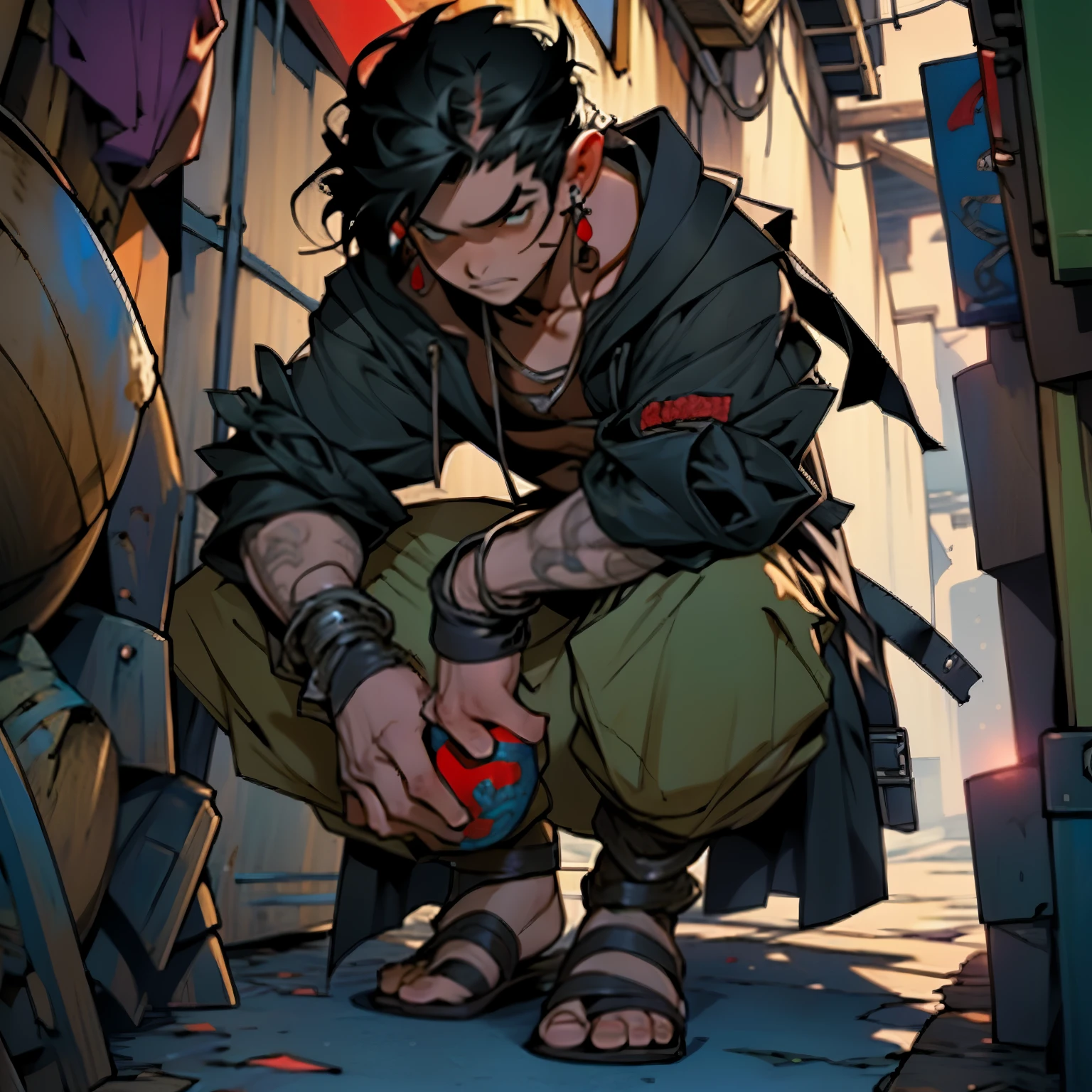 halfling, rogue, hiding behind a barrel, a dagger in hand, black hair, red and shadowy eyes, rogue outfit, hood, anime, jrpg character