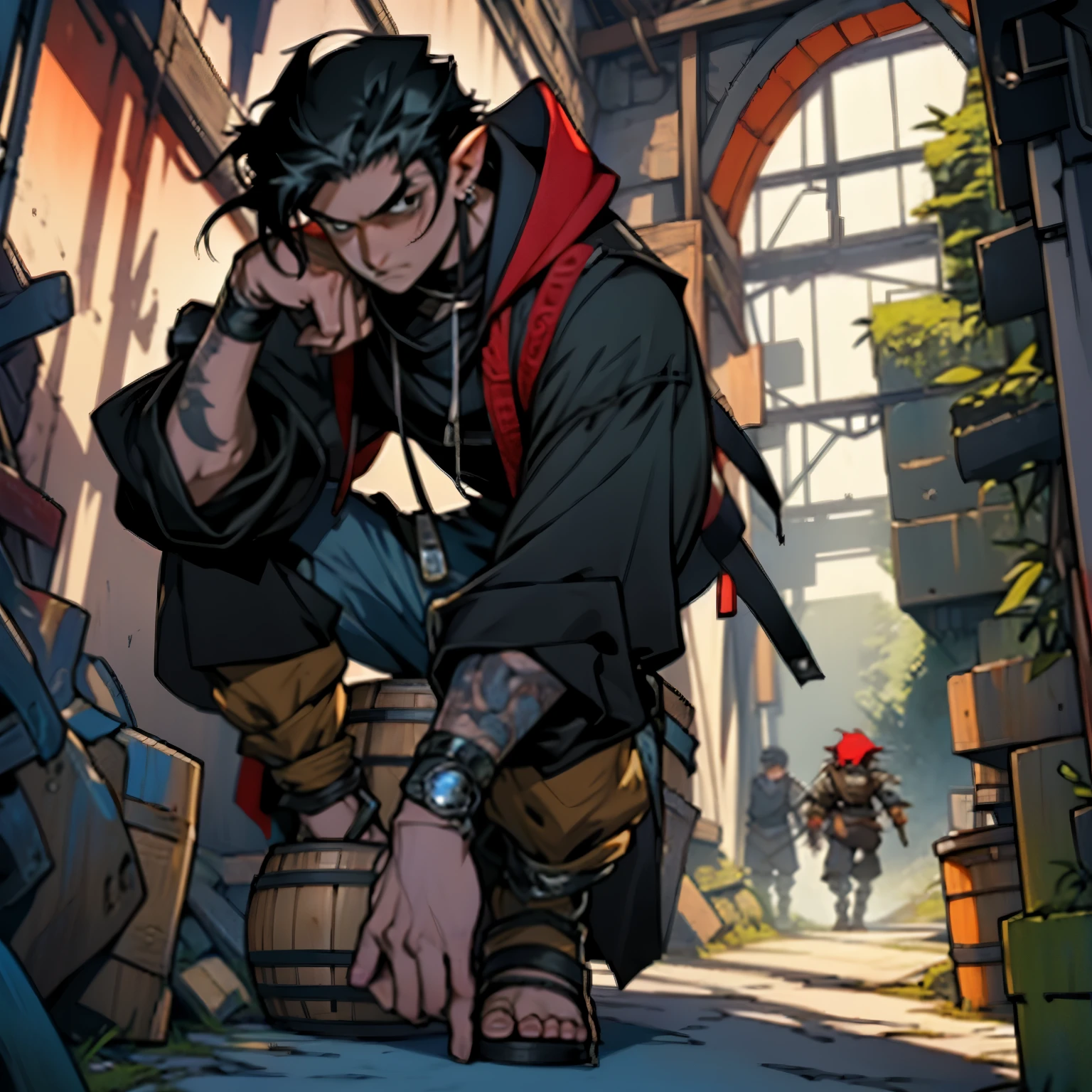 halfling, rogue, hiding behind a barrel, a dagger in hand, black hair, red and shadowy eyes, rogue outfit, hood, anime, jrpg character