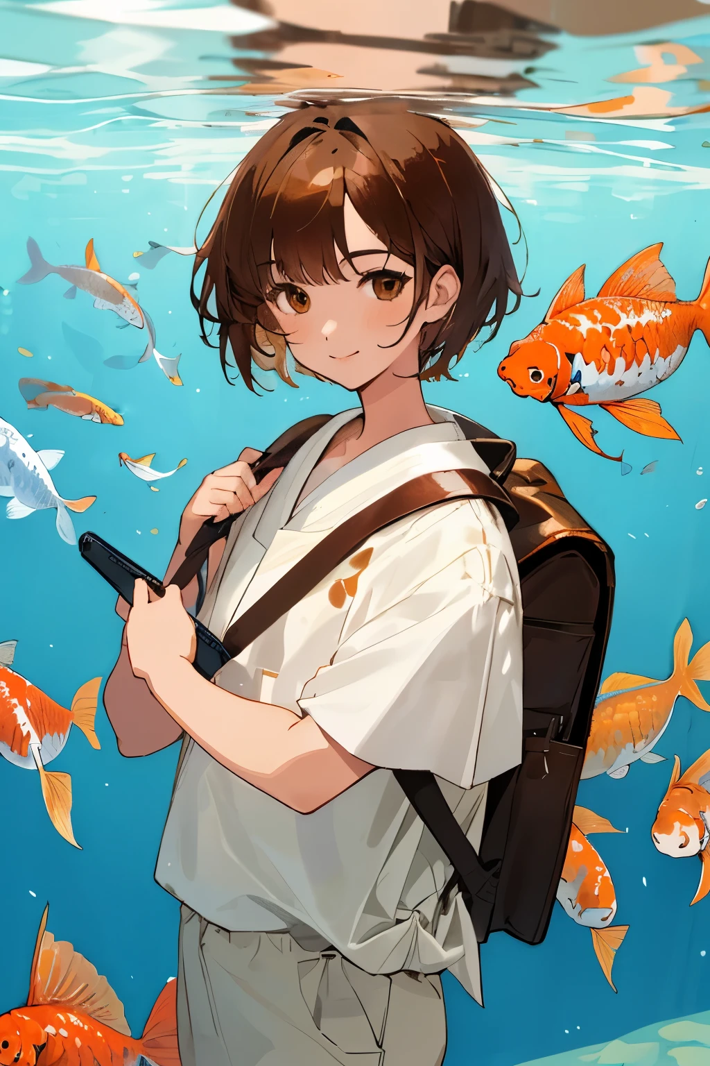 beautiful girl with shoulder length short hair, Brown eyes, smile on your face, detailed image, Correct facial features, drawn hands, White shirt, brown backpack on shoulders, holding a tablet in his hands, looks at us, Koi fish swim around, is under water