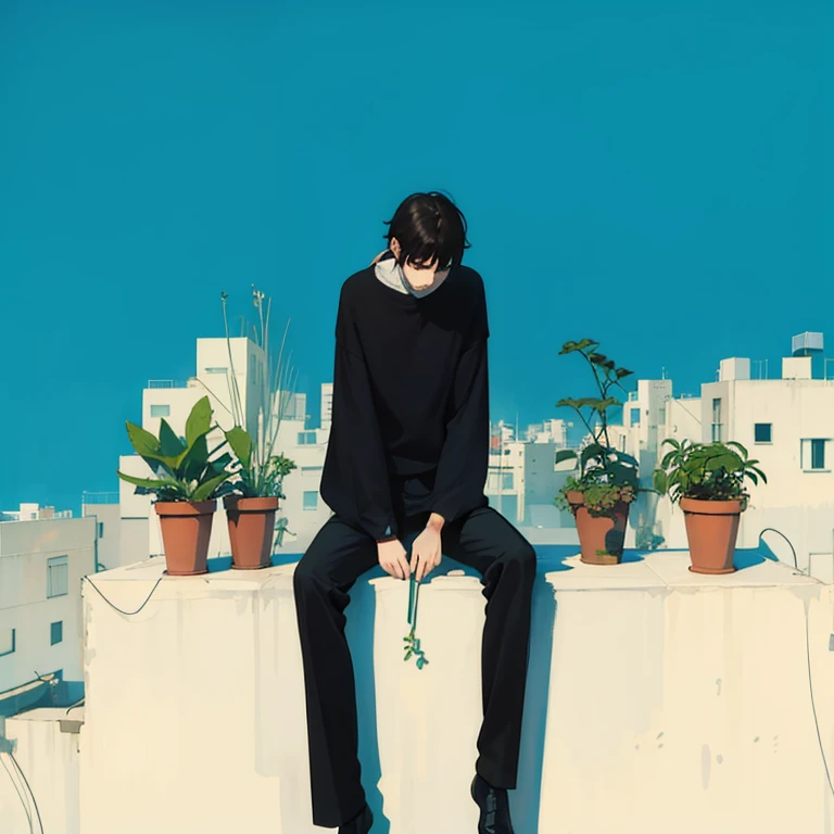 Painting of a man sitting on a ledge，Holding a plant in his hand, conrad roset and makoto shinkai, author：Sergio Burzi, Tatsuro Kiuchi, Conrad Rosset&#39;s style, Inspired by Tomer Hanuka, Mamoru Hosoda, author：Oswaltrey, Kentaro Miura art, bob larkin and tomer hanuka