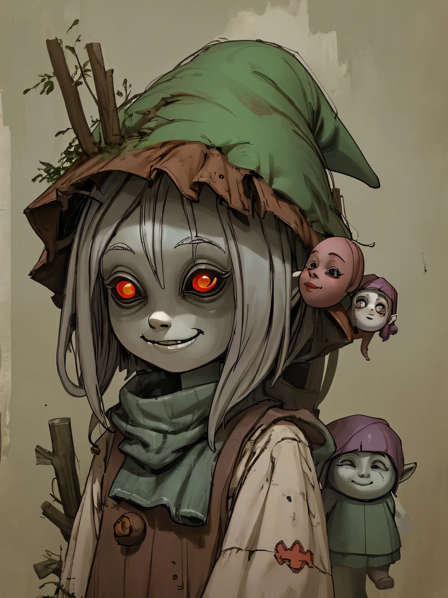 gnome girl, creepy smiling mask, worn-out clothes