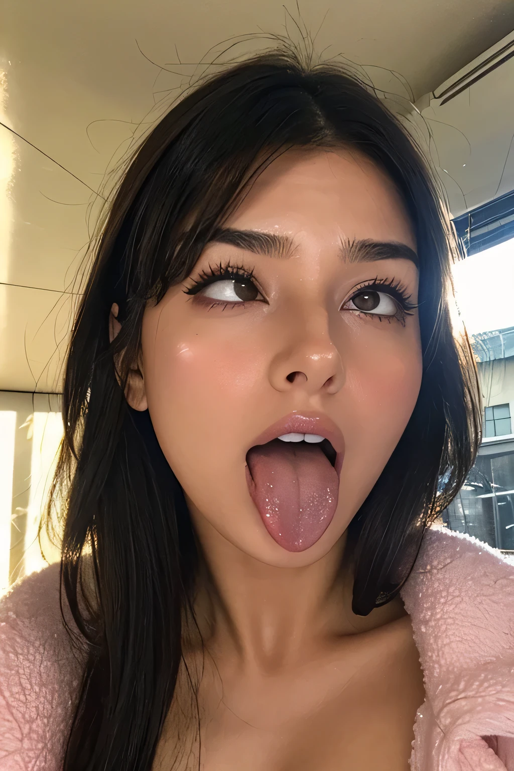 emily ratajkowski、1 girl,debris flies,,Award-winning photo, very detailed, focus the eyes clearly, nose and mouth,face focus, super close up of face、((woman with open mouth and closed eyes)),20-year-old,black hair、symmetrical face,realistic nostrils、angle from below、elongated C-shaped nostrils,,,sweaty and shiny skin、Lighting that highlights glowing skin with sweat、((sharp nose))汗でglowing skin、shiny skin、sweaty hair、sun&#39;Rays shine、(wrinkles between eyebrows))（cum on tongue)、deep kiss、((thin eyebrows))oily skin、glowing skin、double eyelid、wet and shiny tongue、Beautiful face woman with wet tongue full of foam、Beautiful woman、medium hair,roll your eyes、shortcut、Harajuku street、spring、Spring Coat