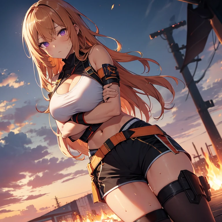 Masterpiece, 4K, Best Quality, purple eyes, long orangish hair, golden brown skin, tan skin, chest wrap, breast wrap, Shorts, Standing, Arms Crossed Cool Expression Sweat Miwaki
