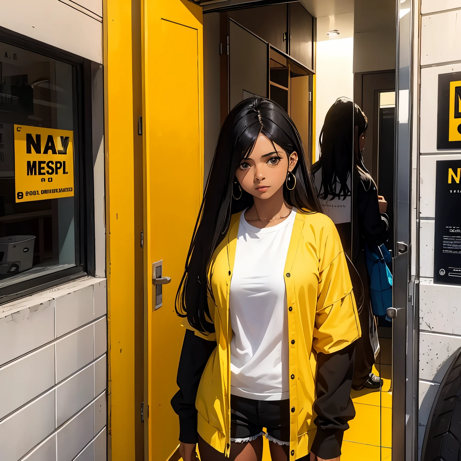 mujer negra vestida de amarillo con un espejo y una peineta