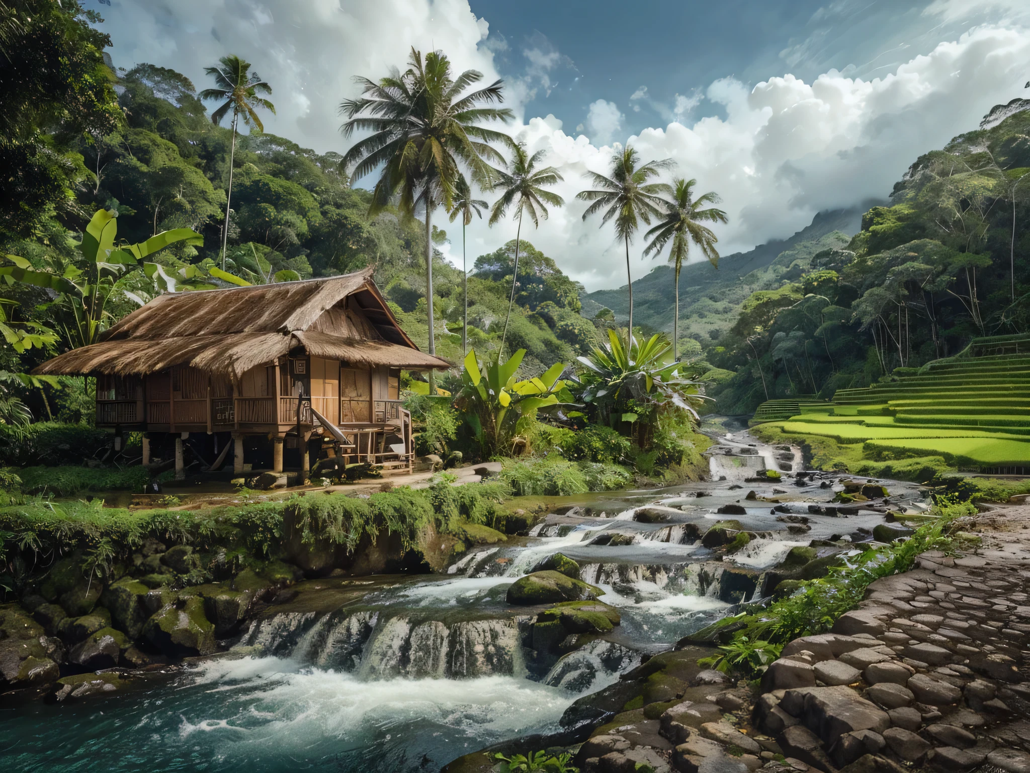 The waterfall flows from between two short cliffs and falls into a clear poolwith clear water and a few natural rocks, there is a small hut, surrounded by tropical forest plants such as shady Wood trees, banana trees, a deer is drinking.with a distant backdrop of volcanoes and vast rice fields thick with rice plants, blue sky, bright white clouds, realistic photography.