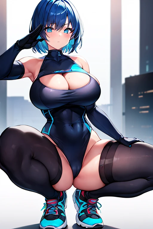 1girl, large breasts, thick thighs, blue hair, very short hair, shoes, sneakers, bodysuit, black bodysuit, cleavage, neon trim, neon lights, machinery, futurustic, science-fiction, tech, serious, spread legs, squatting, toned, ((toned)), salute, black thighhighs, thighhighs, mature female, milf, abs, ((one arm down)), one arm down