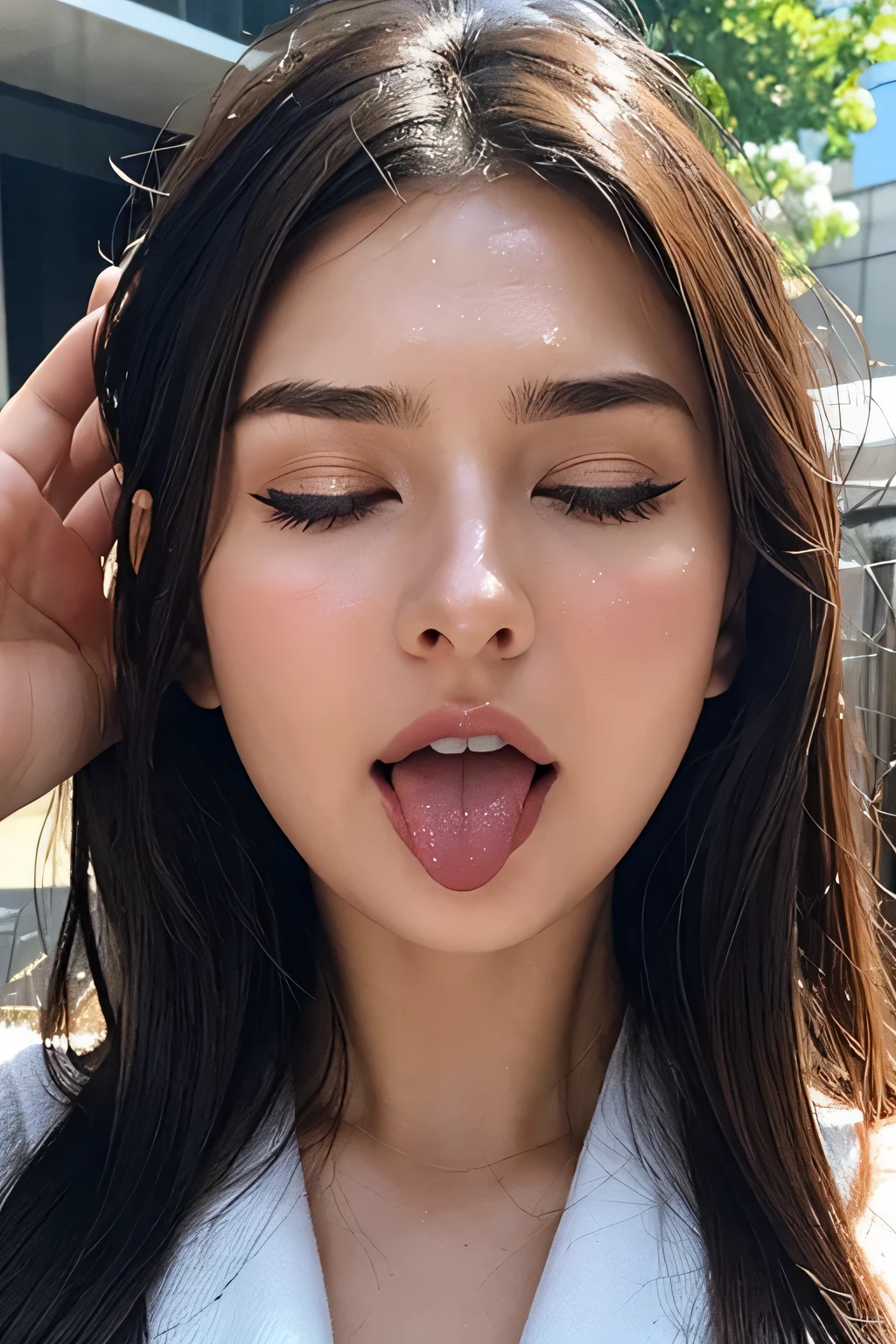 emily ratajkowski、1 girl,debris flies,,Award-winning photo, very detailed, focus the eyes clearly, nose and mouth,face focus, super close up of face、((woman with open mouth and closed eyes)),20-year-old,black hair、symmetrical face,realistic nostrils、angle from below、elongated C-shaped nostrils,,,sweaty and shiny skin、Lighting that highlights glowing skin with sweat、((sharp nose))汗でglowing skin、shiny skin、sweaty hair、sun&#39;Rays shine、(wrinkles between eyebrows))（cum on tongue)、deep kiss、((thin eyebrows))oily skin、glowing skin、double eyelid、wet and shiny tongue、Beautiful face woman with wet tongue full of foam、Beautiful woman、medium hair,roll your eyes、shortcut、Harajuku street、spring、Spring Coat、((closed eyes, eyes closed))