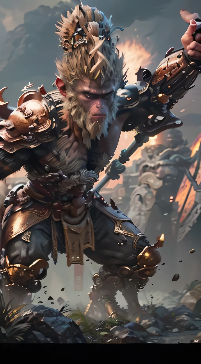 Detailed Monkey King，He holds a golden stick in his hand，Golden fire eyes，The background is a huge golden halo，ancient chinese mythology，Buddhist mythology，Taoist mythology，holy，religion，worship，clouds，global illumination，The picture is bright，high quality，best quality，Oh, really，Surreal，Ultra-detailed,masterpiece，high resolution，8K，Very realistic，Anthropomorphic male monkey who cultivates immortality，Golden-scaled armor, Butterfly Armory Eyes, golden eyes, Smart and brave，A male monkey holds a gold stick and an anthropomorphic close-up, Oriental Armor, Butterfly, Iron club，Butterfly cloud underfoot,Epic fantasy digital art style, Monkey King, knight, and Mumford Tom Bagshaw.., dark fantasy style art, epic fantasy art style,Monkey King, dark fantasy art style, Butterfly, epic fantasy art style HD, dark fantasy digital art，artistic image type，Perched on the top of the ancient city of the East, Sun Wukong inspects the vast Forbidden City below. Iron club, Contrast his technically enhanced body,Gleaming golden sticks and retractable tech weapons. In a striking pose, He seems ready to act, Ancient legends,Journey to the West characters, Excellent location，Earthscape, (Vibrant golden glow:1.5), (Digital painting:1.25), (4K:1.2). environment: panoramic view of a city，Imagine an epic sky battle, Sun Wukong is at the front, Waving the Ruyi Golden Cudgel. Gods in the Clouds，Sun Wukong challenges the rule of the Jade Emperor.