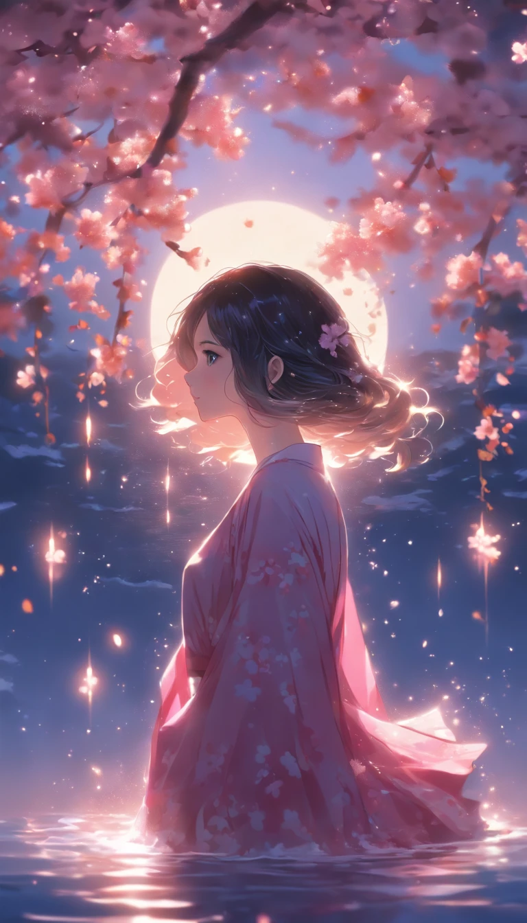 Woman floating on water. Rear view, without being able to see your face. fantastic sky. clear sky, fantastic blue. High quality down to the smallest detail. fantastic scenery . people are far away,辺り一面のcherry blossomsが舞う,cherry blossoms,small person,night,暗いnight,moon,star,short hair,modern pink clothes, Anime girl sitting in the water with long black hair and pink dress, beautiful anime artwork, 彼女の周りにはcherry blossomsの花びらが, anime girl walking on water, beautiful anime, anime art wallpaper 8k, anime art wallpaper 4k, anime art wallpaper 4k, beautiful anime art, beautiful anime scene, long hair anime girl, 4k anime wallpaper, Beautiful peace scene in anime