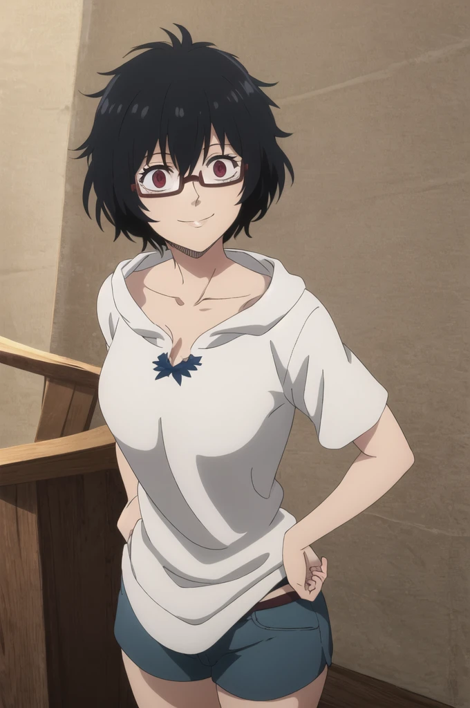 ((best quality)),((highly detailed)),masterpiece,absurdres,detailed face,beautiful face,(detailed eyes, deep eyes),1girl,  Sally, solo, black hair, glasses, short hair, red eyes,messy hair, red sweatshirt, short sleeves, smile, shorts, collarbone, looking at viewer, hair between eyes, scar, huge breasts, hands on hips, in a living room 