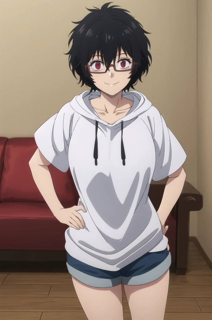 ((best quality)),((highly detailed)),masterpiece,absurdres,detailed face,beautiful face,(detailed eyes, deep eyes),1girl,  Sally, solo, black hair, glasses, short hair, red eyes,messy hair, red sweatshirt, short sleeves, smile, shorts, collarbone, looking at viewer, hair between eyes, scar, huge breasts, hands on hips, in a living room 