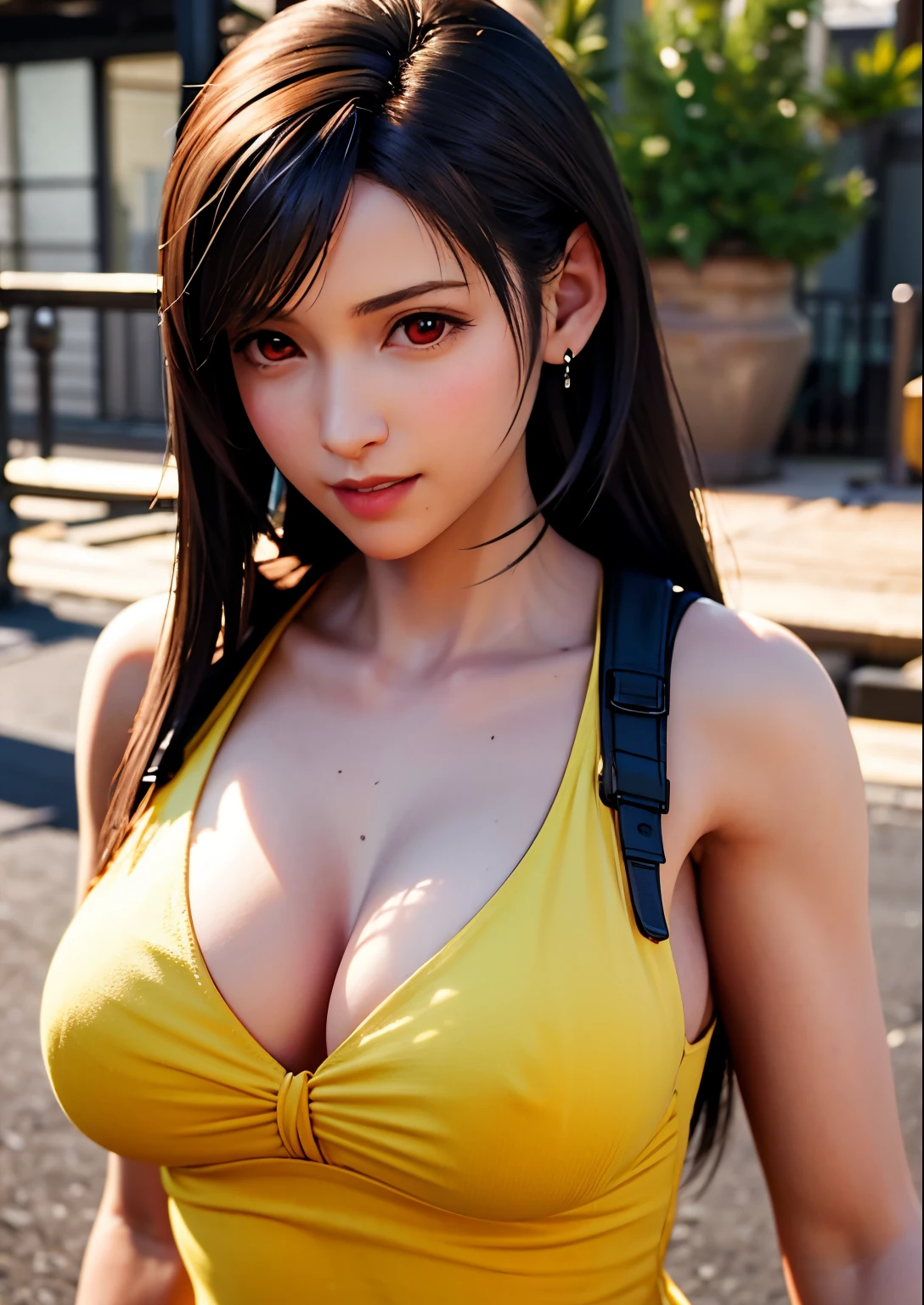 （realistic styling： 1.4）， solo， top-quality， Very fine and beautiful， k hd， 1girll， ff Tifa_lockhart， parted lips, smiling, shy， cowboy lens， （yellow sundress），sunny, outdoors, huge breasts， brunette color hair， blushing, Beautiful detailed red eyes， Face light， cinematic lighting， The background is blurred out