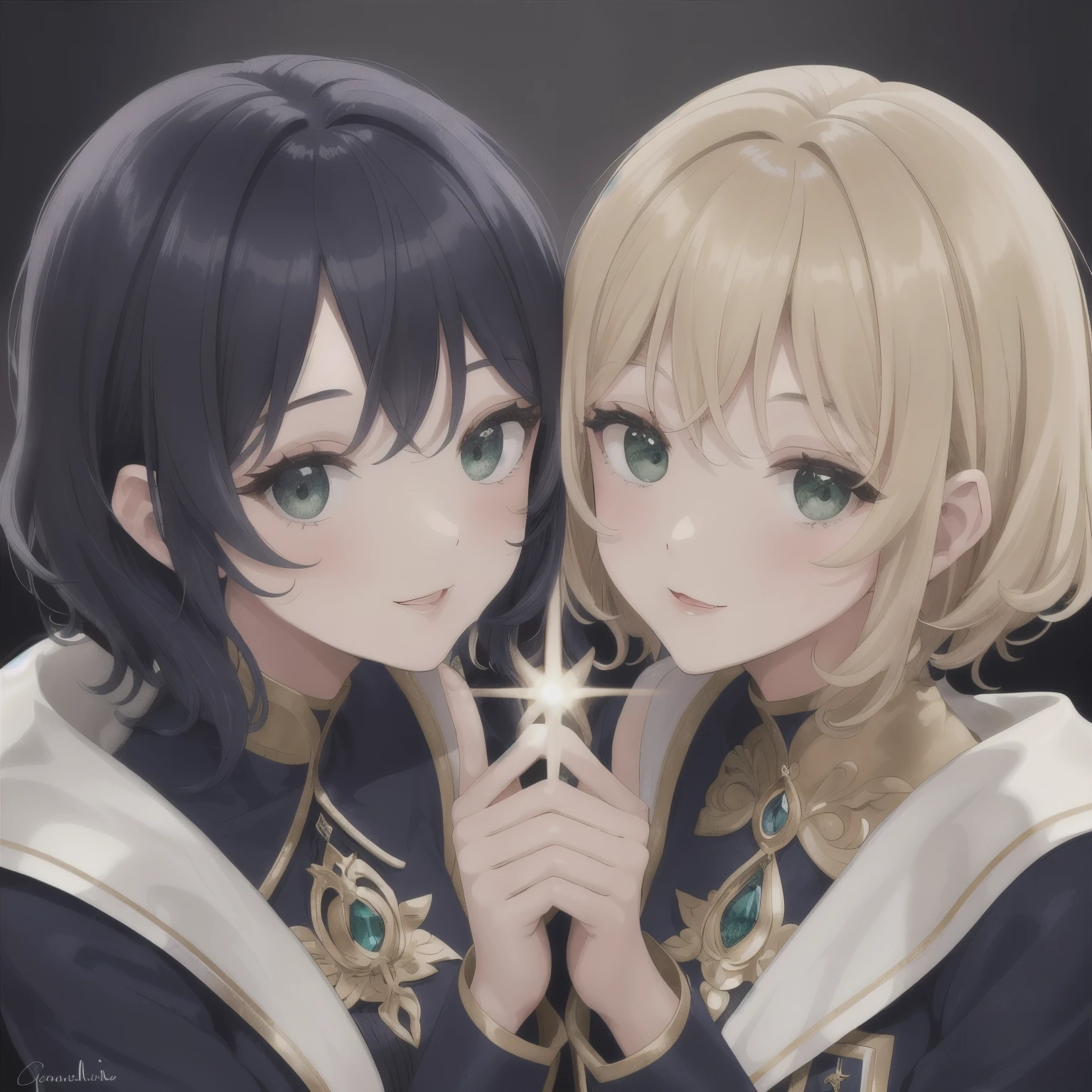 beautiful anime girls, two girls kissing, one girl has short wavy brown hair and a fancy red suit and golden armor, the other has silver hair, freckles. Dark purple robes, long skirt, petals, dark eyelashes, perfect eyes, perfect face, intricate, intricate details, epic, character portrait, cinematic portrait, anime, anime art