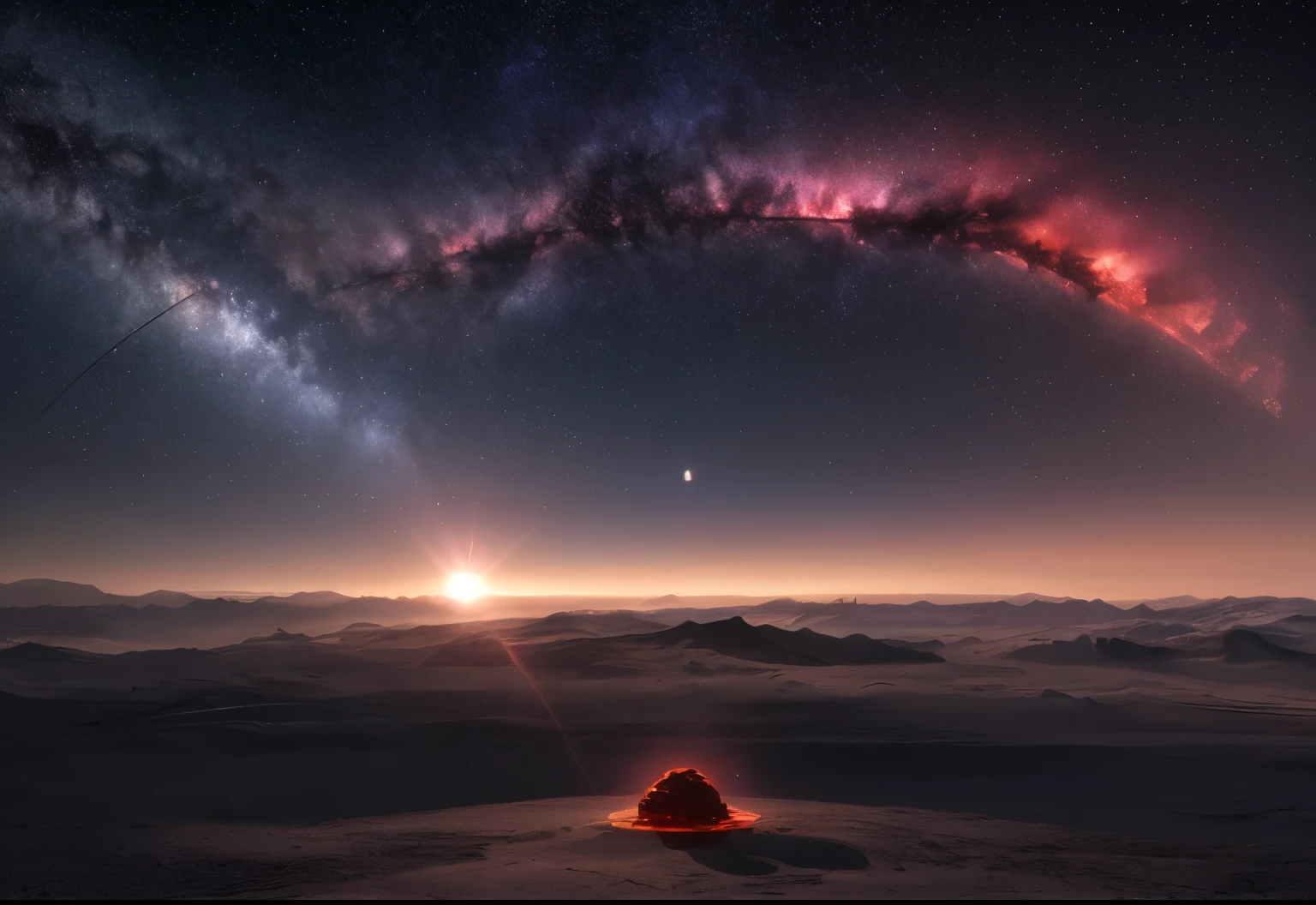 space, dreamlike, symbolism, surrealism, symbol, surreal, abstract, texture, concept art, 8k, shadowed, atmospheric, stars --uplight, sundog, perfect sun halo, circle, star, bright red light, meteor