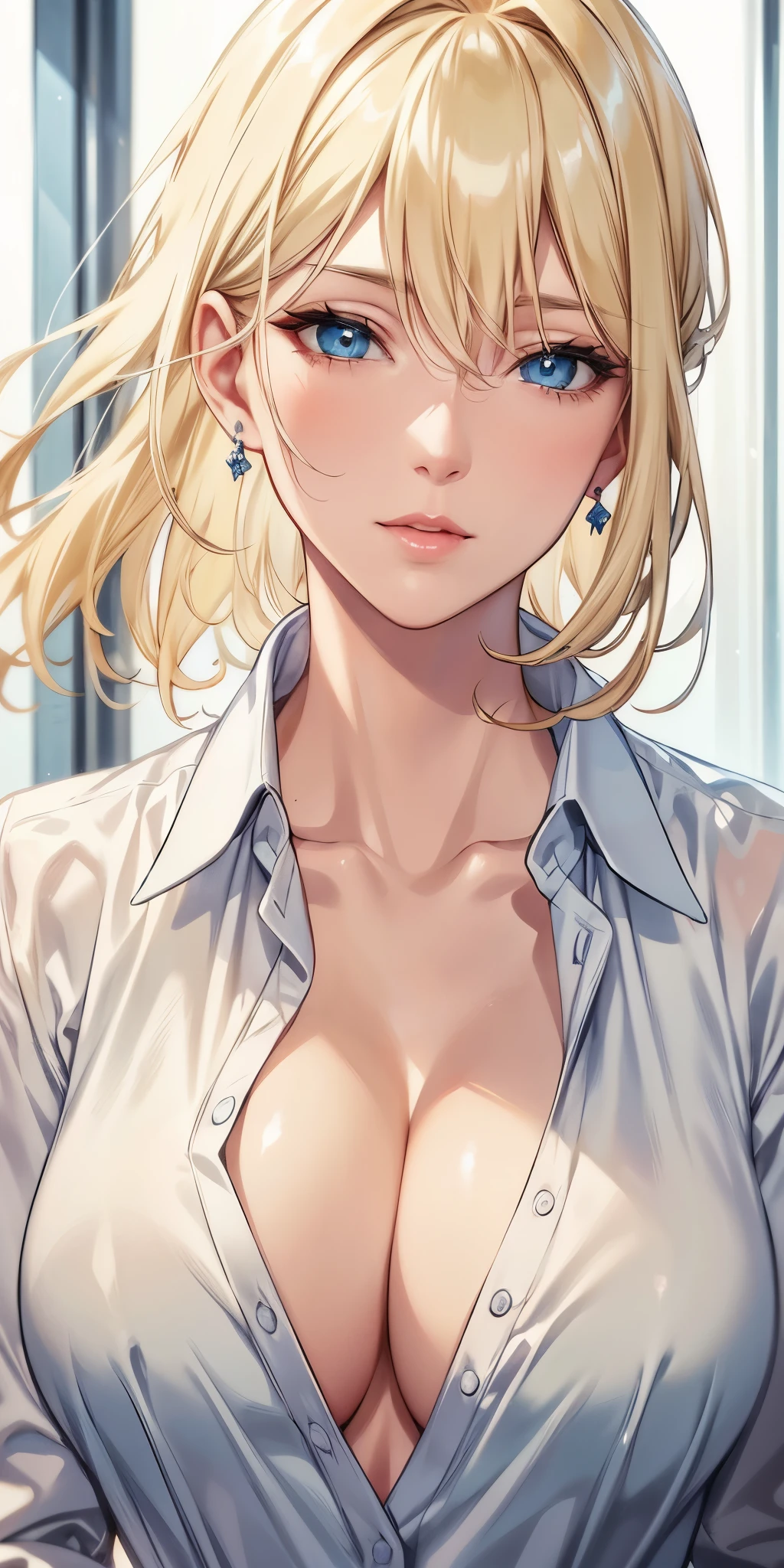 portrait, realistic, elegan woman, blue eyes, blonde hair, 8k resolution cg, beautiful cg, soft light