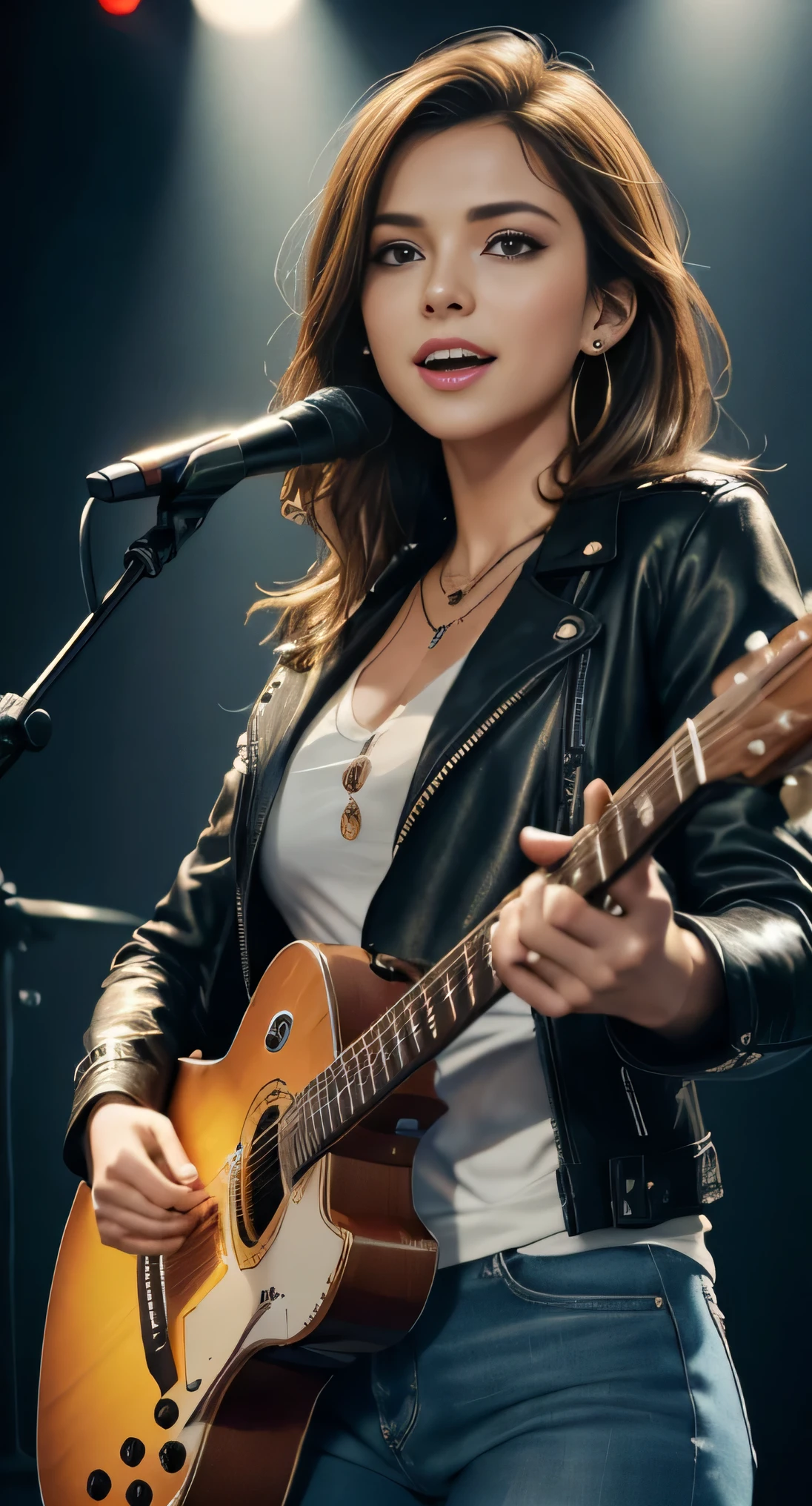 (Masterpiece:1.3, Best quality, Photorealistic, Ultra-detailed, finely detailed, high resolution, 8K wallpaper), 1 beautiful girl, Lead singer of the band group, In a leather jacket, Sing with an electric guitar, standing microphones, Mouth open, Beautiful face, Detailed face, Beautiful eyes, Detailed eyes, Smiling, Earrings, necklace, Detailed guitar, (Straight guitar neck and strings), Medium length light brown hair, be on stage, spotlight, Look at the viewer