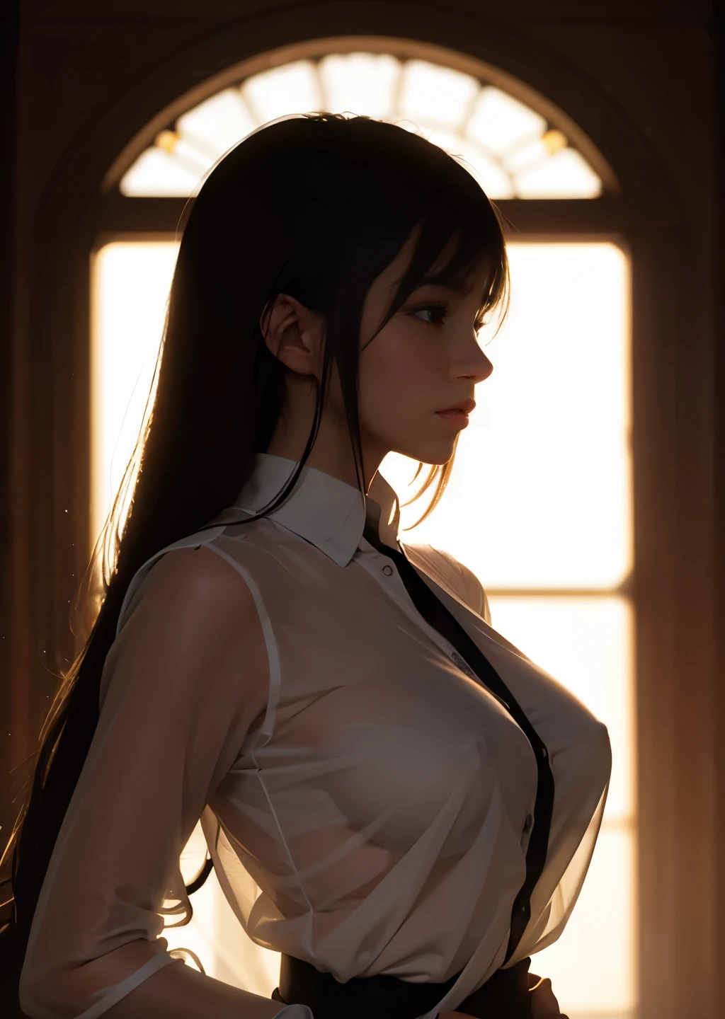 (best quality, masterpiece, high resolution:1.1),Use natural light and color, hyper detail clothes, high detailed anime image, cinematic light, 1 female , (silhouette of body:1.4),(transparent shirt:1.1), against light, erect nipples