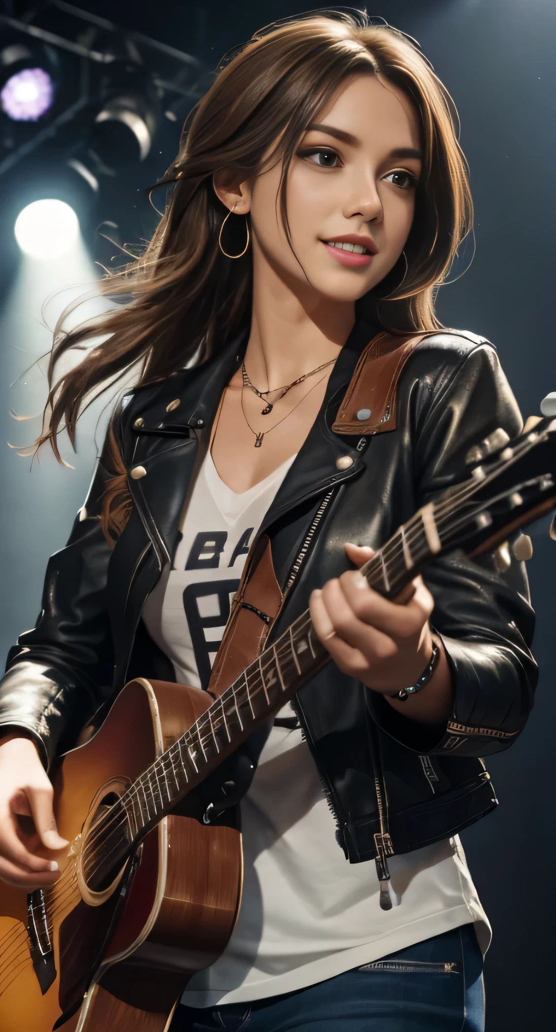 (Masterpiece:1.3, Best quality, Photorealistic, Ultra-detailed, finely detailed, high resolution, 8K wallpaper), 1 beautiful girl, Lead singer of the band group, In a leather jacket, Sing with an electric guitar, standing microphones, Mouth open, Beautiful face, Detailed face, Beautiful eyes, Detailed eyes, Smiling, Earrings, necklace, Detailed guitar, (Straight guitar neck and strings), Medium length light brown hair, be on stage, spotlight, Look at the viewer