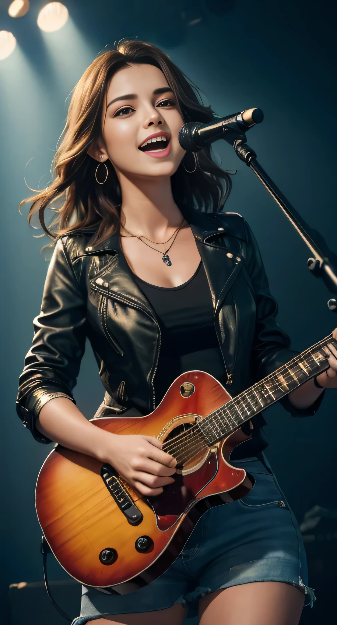 (Masterpiece:1.3, Best quality, Photorealistic, Ultra-detailed, finely detailed, high resolution, 8K wallpaper), 1 beautiful girl, Lead singer of the band group, In a leather jacket, Sing with an electric guitar, standing microphones, Mouth open, Beautiful face, Detailed face, Beautiful eyes, Detailed eyes, Smiling, Earrings, necklace, Detailed guitar, (Straight guitar neck and strings), Medium length light brown hair, be on stage, spotlight, Look at the viewer