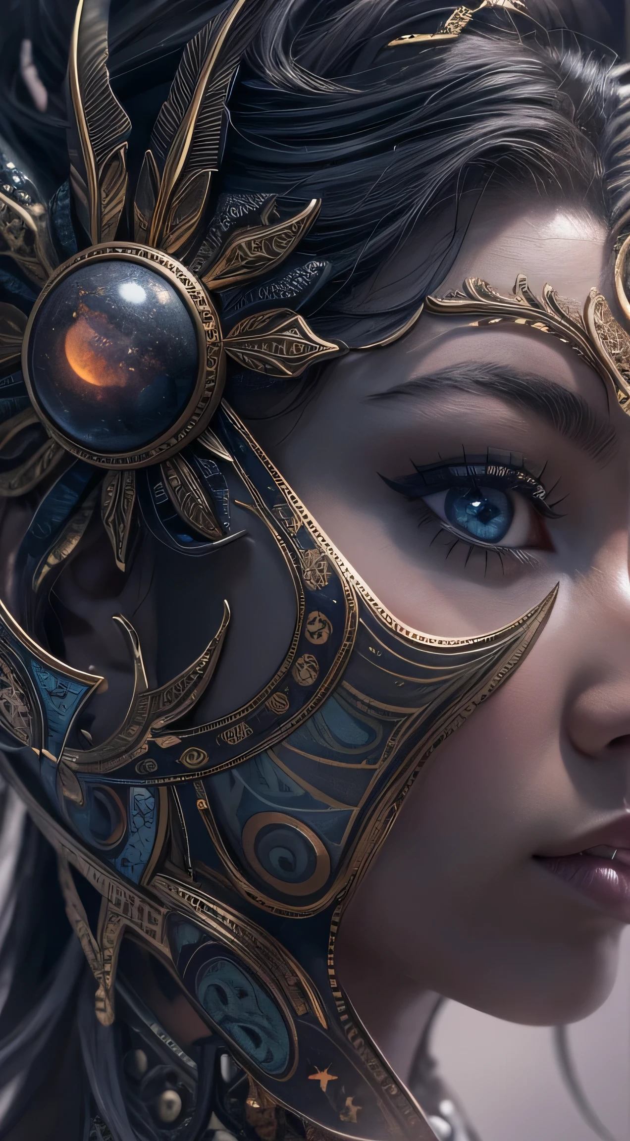 (((full body shot)))、(best quality,ultra - detailed,Most Best photograph,Best Shadow,masterpiece,high resolution,professionalartwork,famousartwork),(Detailed eyes,beautiful eyes),(Depiction of cleavage),sci-fi,(((Black and beautiful eyes,Black eyes)))、face markings,tattooed,(fractalized,Fractal Eye),largeeyes,wide eyes,Eye focus,((Details of face)),the eye of the universe,Metal sculpture depiction of woman with moon in hair,goddess, extremely high detail,Highly detailed footage of the goddess,Side image of the goddess,Goddess of Hecate,portrait of a north moon goddess,goddess of space and time,((masterpiece, top-quality, ultra-definition, high resolution)),4K picture quality,(Extraordinary Beauty),