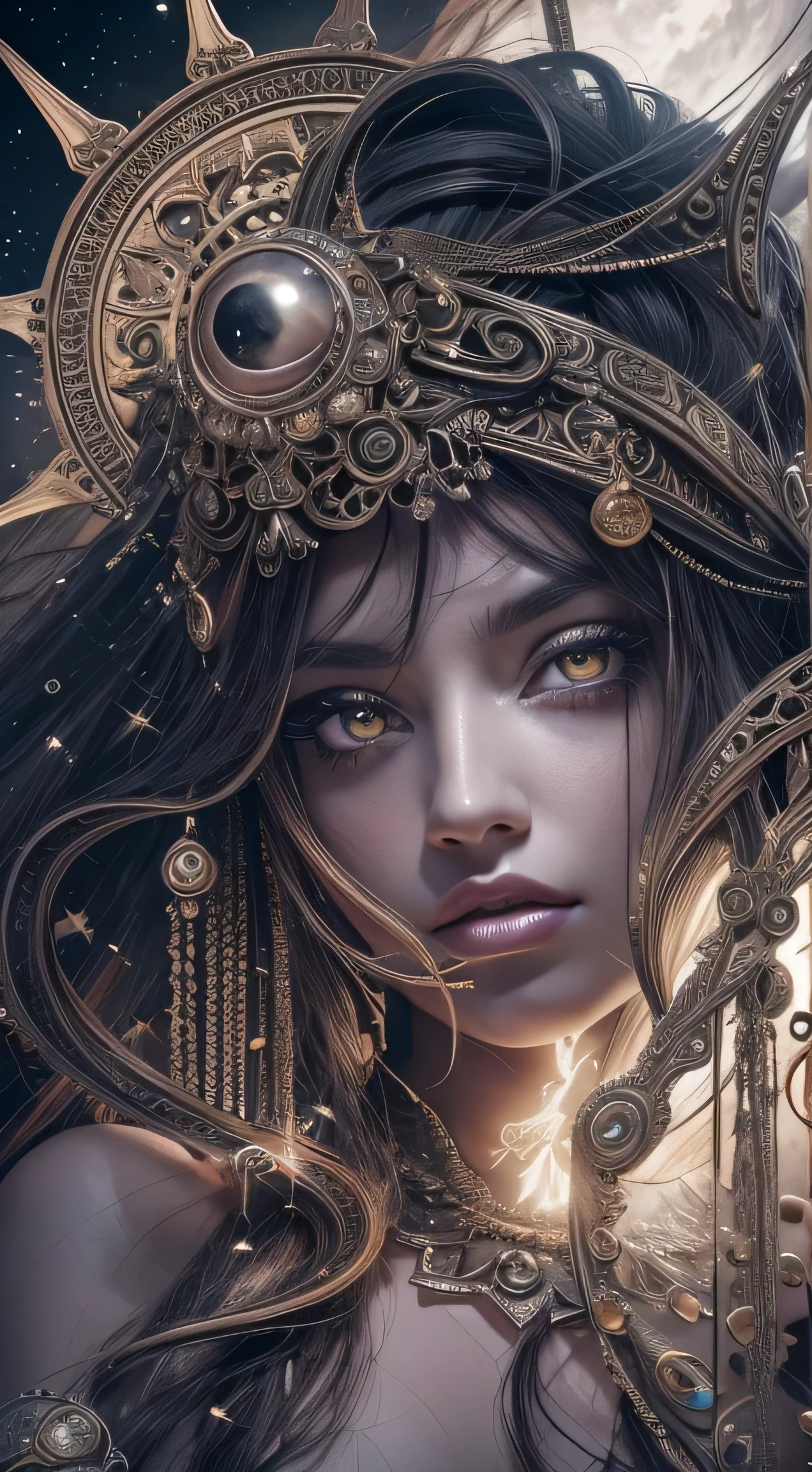 (((full body shot)))、(best quality,ultra - detailed,Most Best photograph,Best Shadow,masterpiece,high resolution,professionalartwork,famousartwork),(Detailed eyes,beautiful eyes),(Depiction of cleavage),sci-fi,(((Black and beautiful eyes,Black eyes)))、face markings,tattooed,(fractalized,Fractal Eye),largeeyes,wide eyes,Eye focus,((Details of face)),the eye of the universe,Metal sculpture depiction of woman with moon in hair,goddess, extremely high detail,Highly detailed footage of the goddess,Side image of the goddess,Goddess of Hecate,portrait of a north moon goddess,goddess of space and time,((masterpiece, top-quality, ultra-definition, high resolution)),4K picture quality,(Extraordinary Beauty),