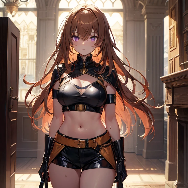 Masterpiece, 4K, Best Quality, purple eyes, long orangish brown hair, light golden brown skin, Ribbon, Lenin chest wrap, Latex Shorts, Standing, Arms Crossed Cool Expression Sweat Miwaki