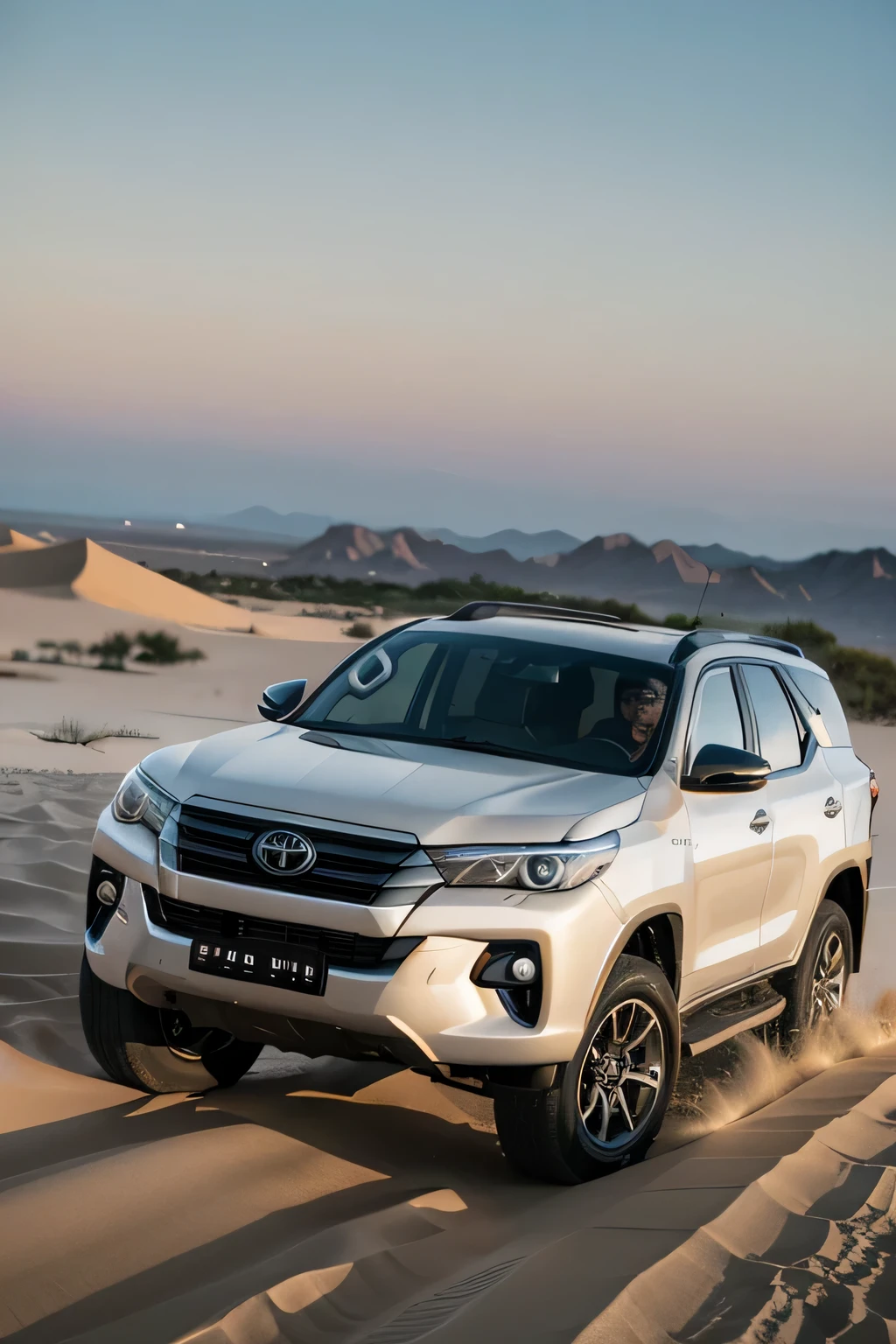 photo of a Toyota Fortuner racing in a sand dune, sunset, motion, shot on a Sony mirrorless camera, DSLR, 85mm lens f/8, ultra detailed, 8k, --v 4