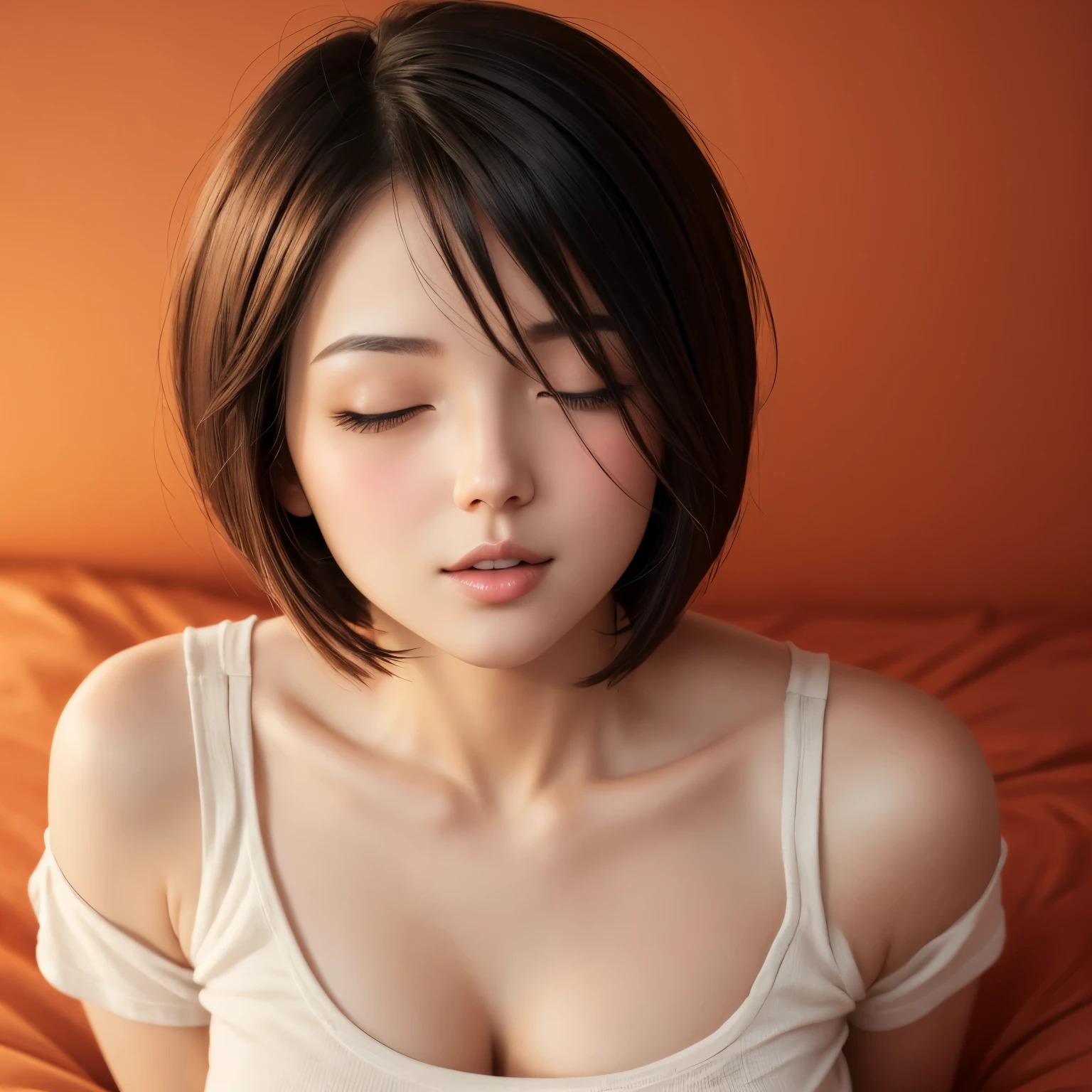 Sexy woman, short bob hairstyle, seductive gaze, blushing intensely, parted lips, desperate, flustered, lustful, orange t shirt, on bed