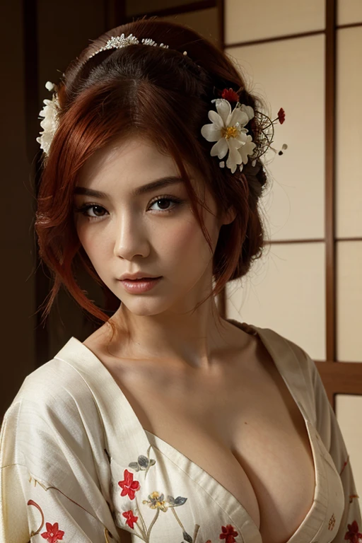 (best quality:1.2), (masterpiece:1.2), (detailed), perfect face, geisha, kimono, red hair, sexy, white flowers