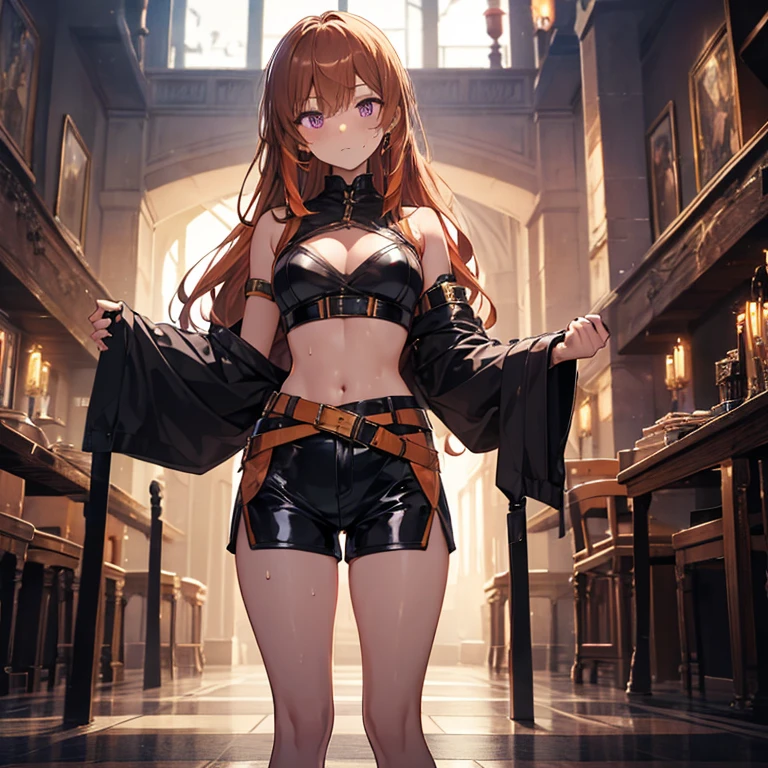 Masterpiece, 4K, Best Quality, purple eyes, long orangish hair, golden brown skin, medieval period chest wrap, latex Shorts, Standing, Arms Crossed Cool Expression Sweat Miwaki, Amazonian beauty