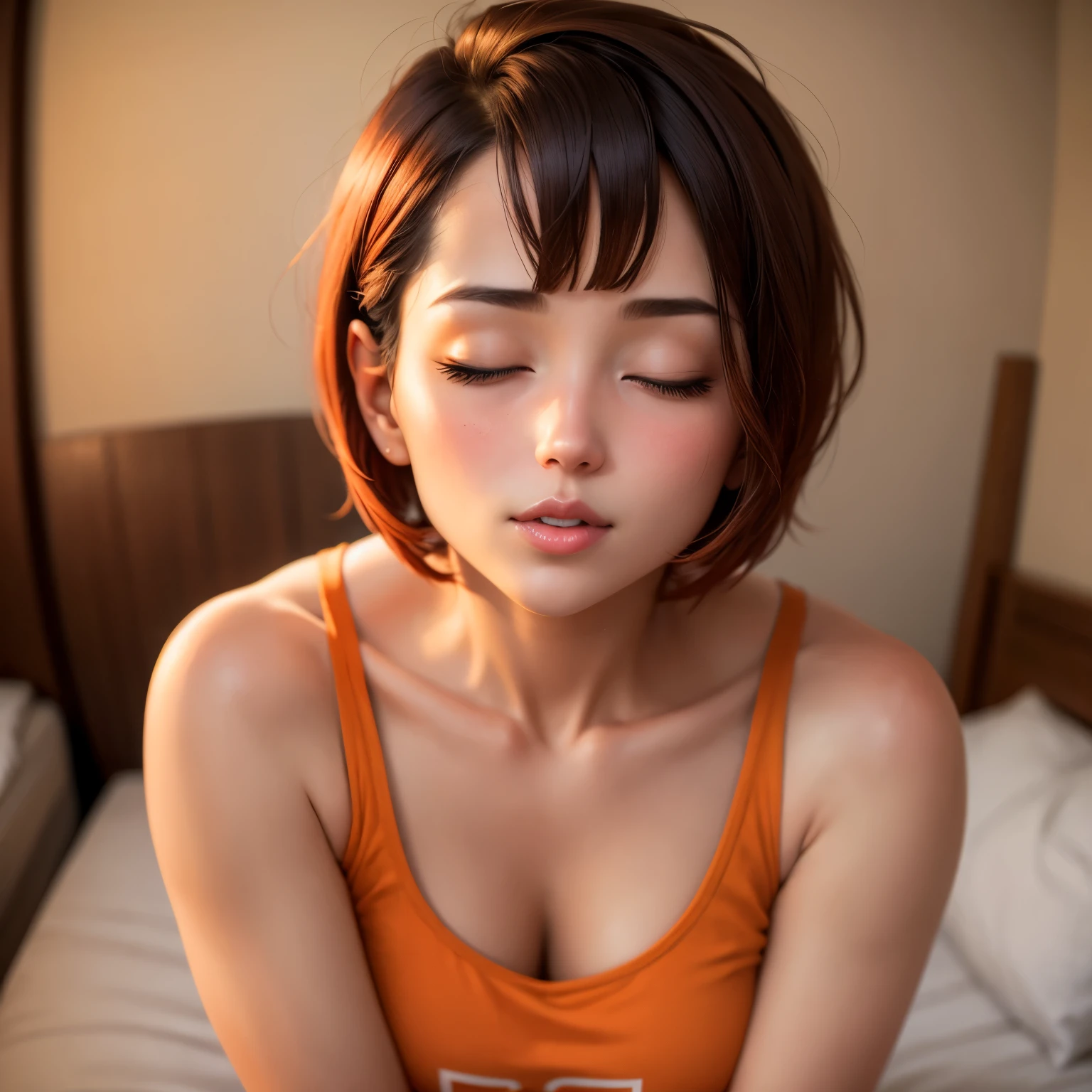 Sexy woman, short bob hairstyle, seductive gaze, blushing intensely, parted lips, desperate, flustered, lustful, orange t shirt, on bed