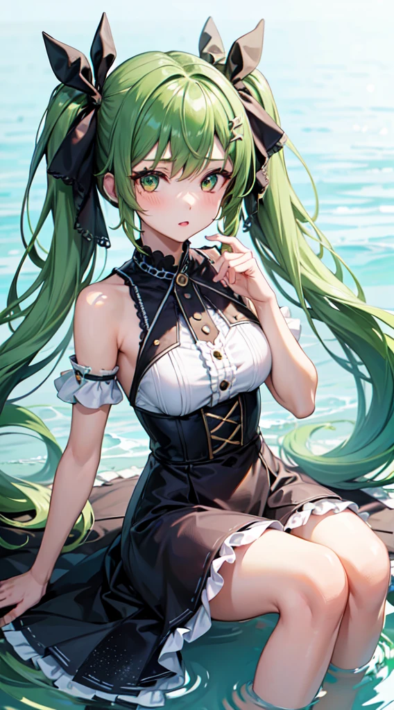 1girl, solo, hair ornament, green hair, twintails, long hair, dress, water