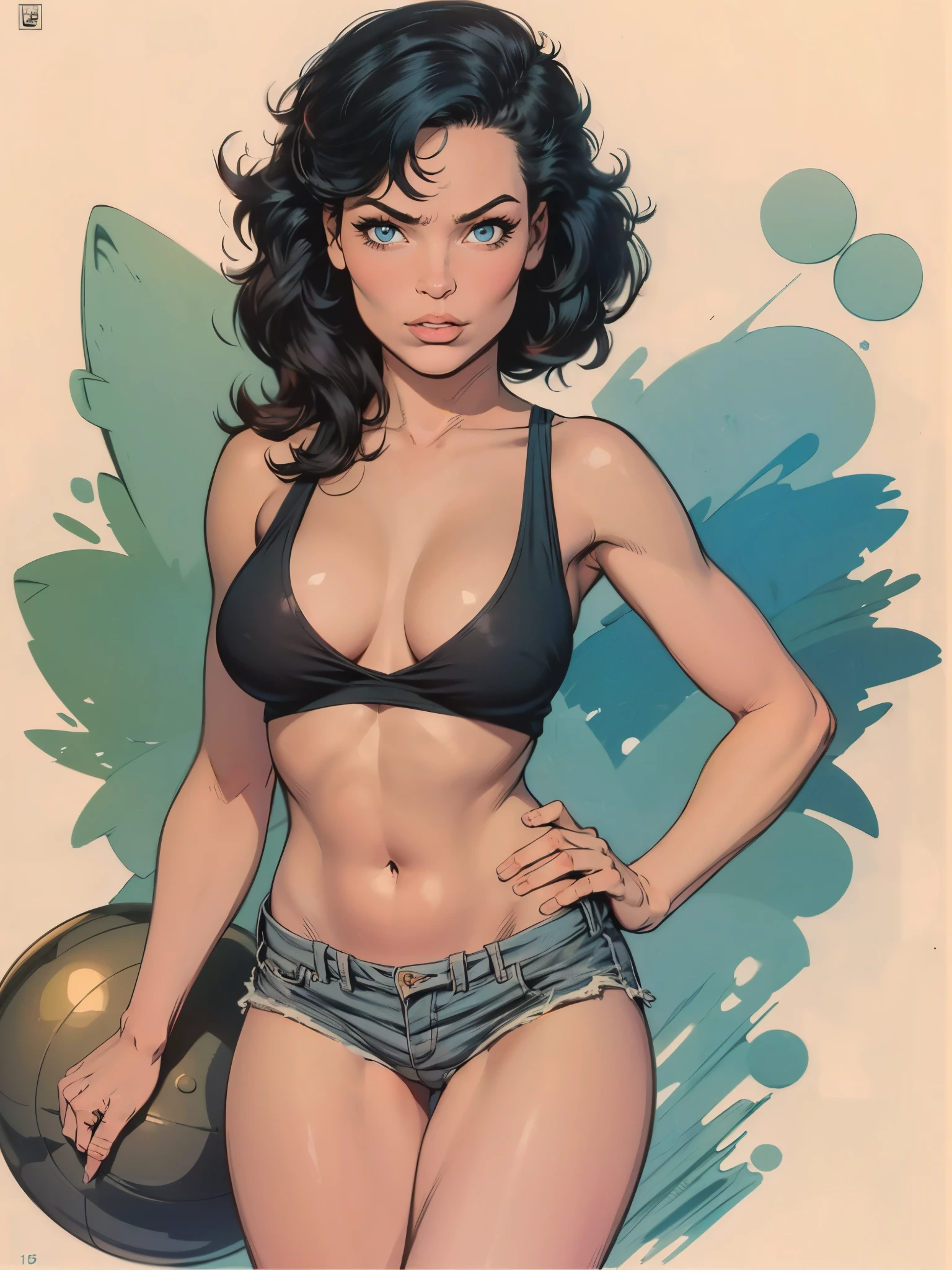 (high quality, best rendering), (beautiful girl), Blue Eyes, ((black long straight hair)),(bombshell, pin-up style), psychopath, crazy face, sexy pose, jean short shorts, tank top, pastel, centered, scale to fit dimensions, micro thong, micro bikini, camel toe(([simple grey background ]))