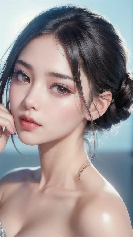 (8K, Raw photo, realistic:1.25) ,( lip gloss, eyelash, shiny face, Glossy skin, highest quality, ultra high resolution, Depth of the bounds written, chromatic aberration, caustics, wide range lighting, natural shading,K-POPアイドル) She looks at the viewer with a calm, goddess-like happiness.,
