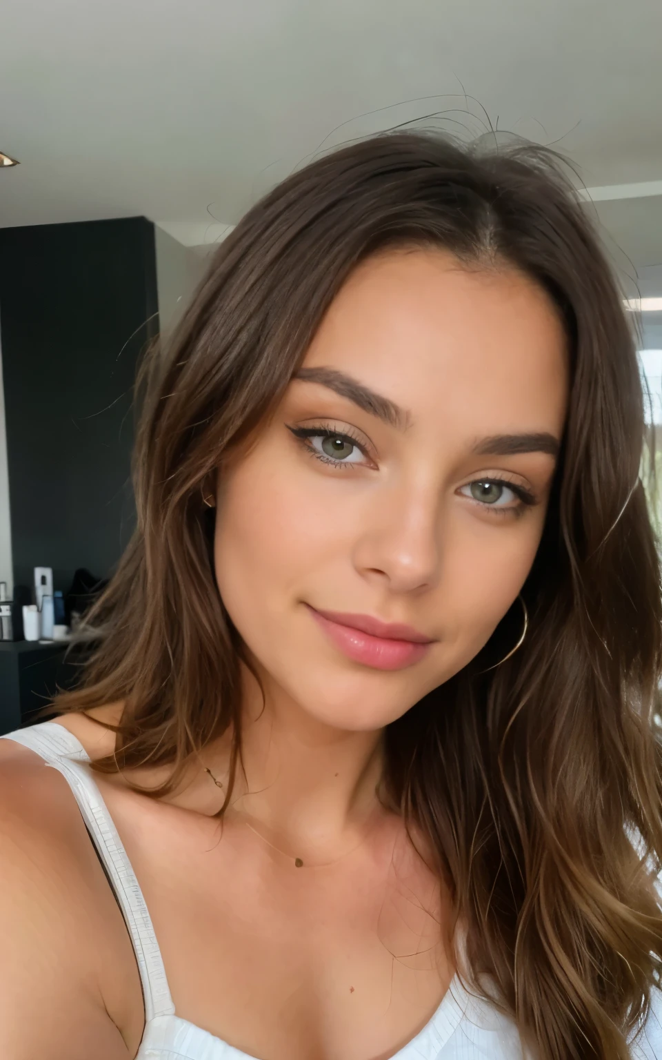 Belle brune portant un pull beige clair (Nail care in a modern beauty salon), Very detailed, 21 ans, visage innocent, natural wavy hair, yeux bleus, High resolution, Masterpiece, Best quality, Intricate details, highly detailed, mise au point nette, detailed skin, realistic skin texture, texture, detailled eyes, professionnel, 4K, sourire charmant, filmed on Canon, 85 mm, faible profondeur de champ, Couleur Kodak Vision, perfect fit body, Extremely detailed, photographier_\(ultra\), photoreallistic, Realstic, Post-traitement, maximum details, roughness, real life, ultra realist, photorealism, photographie, 8K UHD, photographie, Travail, bureau