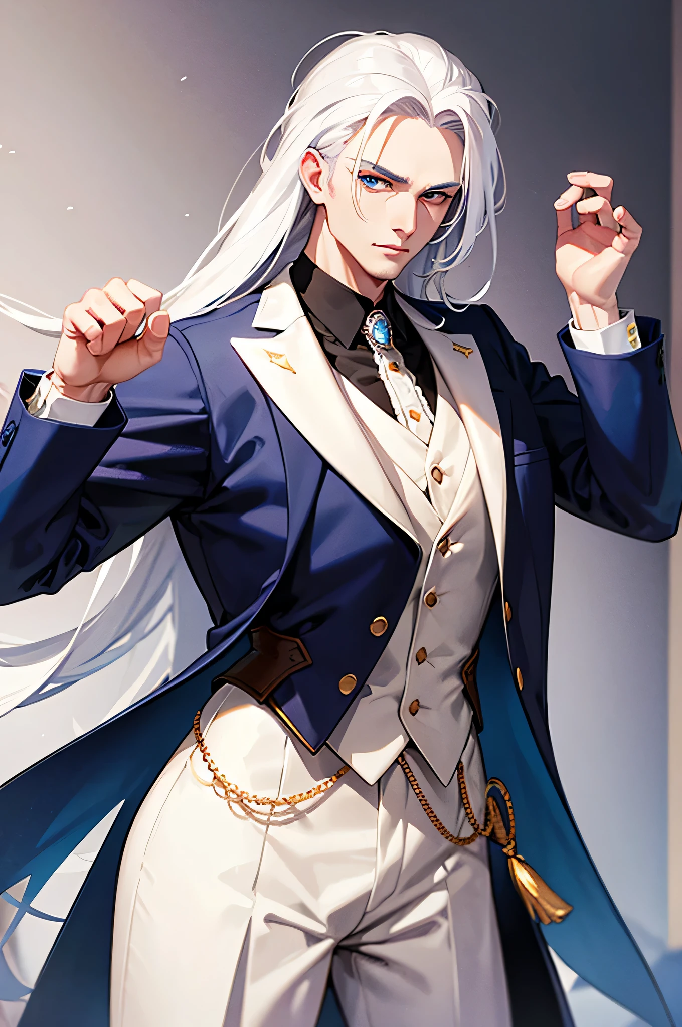 best quality, long tied, white hair man, masculine, handsome face, india style, fixed hand, fixed eyes, blue eyes, fancy clothes, masculine