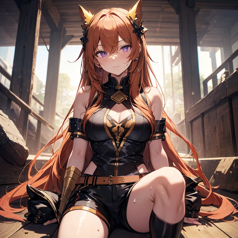 Masterpiece, 4K, Best Quality, purple eyes, long orangish hair, golden brown skin, big breasts, latex Shorts, legs spreading out wide, hand down front of shorts, master baiting, Arms Crossed Cool Expression Sweat Miwaki, Amazonian beauty