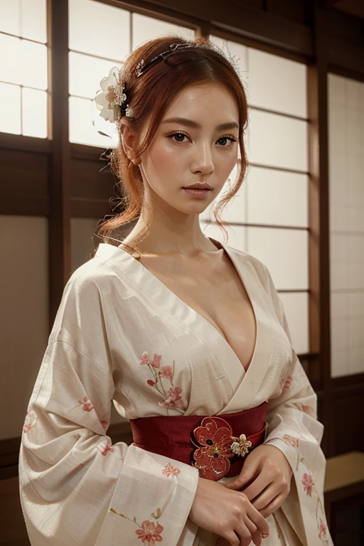 ((best quality)), ((masterpiece)), (detailed), perfect face, geisha, red hair, sexy, white flowers